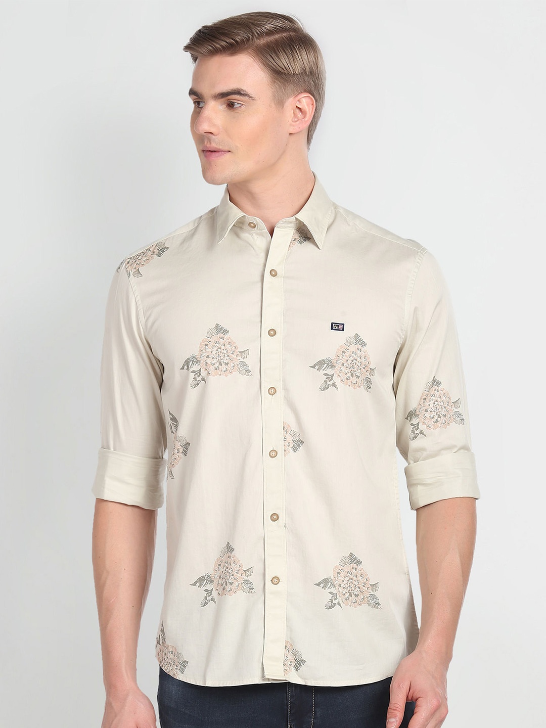 

Arrow Sport Slim Fit Floral Printed Pure Cotton Casual Shirt, Beige