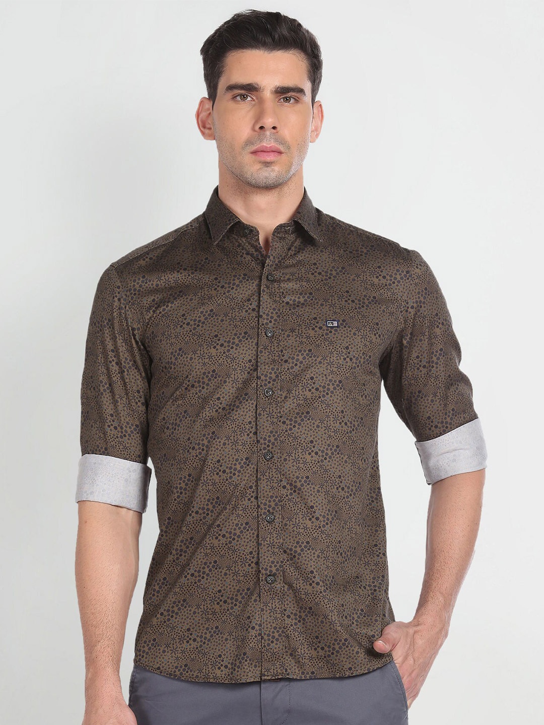 

Arrow Sport Slim Fit Micro Ditsy Printed Twill Pure Cotton Casual Shirt, Olive
