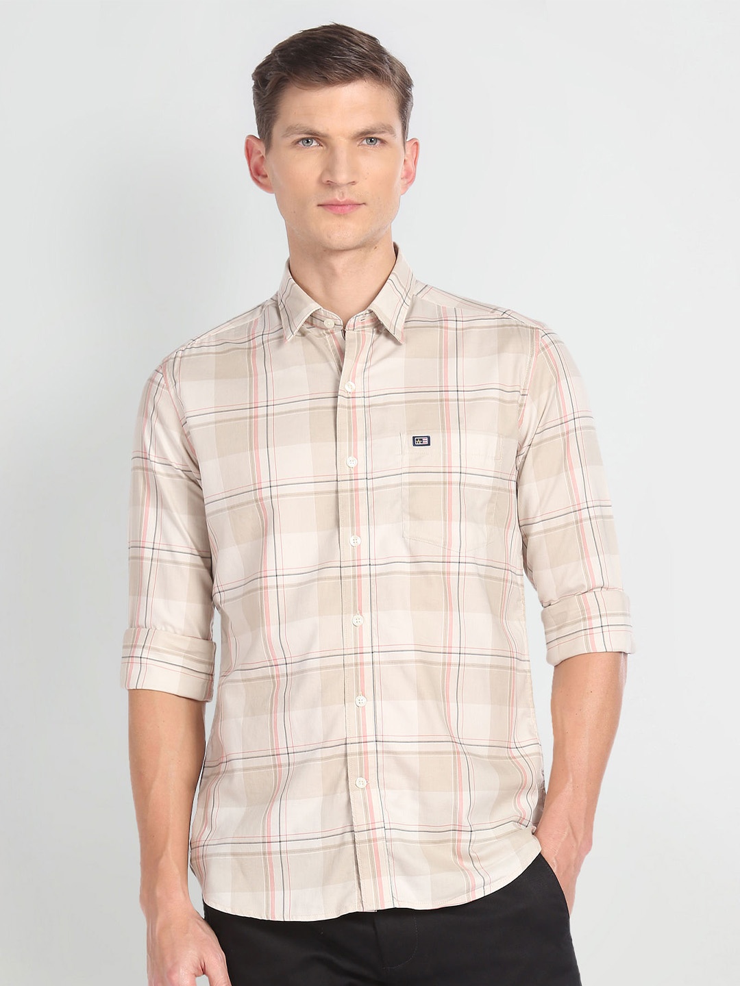 

Arrow Sport Slim Fit Plaid Checked Twill Weave Pure Cotton Casual Shirt, Beige