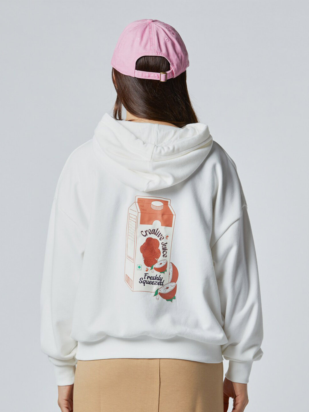 

Koovs Graphic Printed Hooded Pure Cotton Sweatshirt, Off white