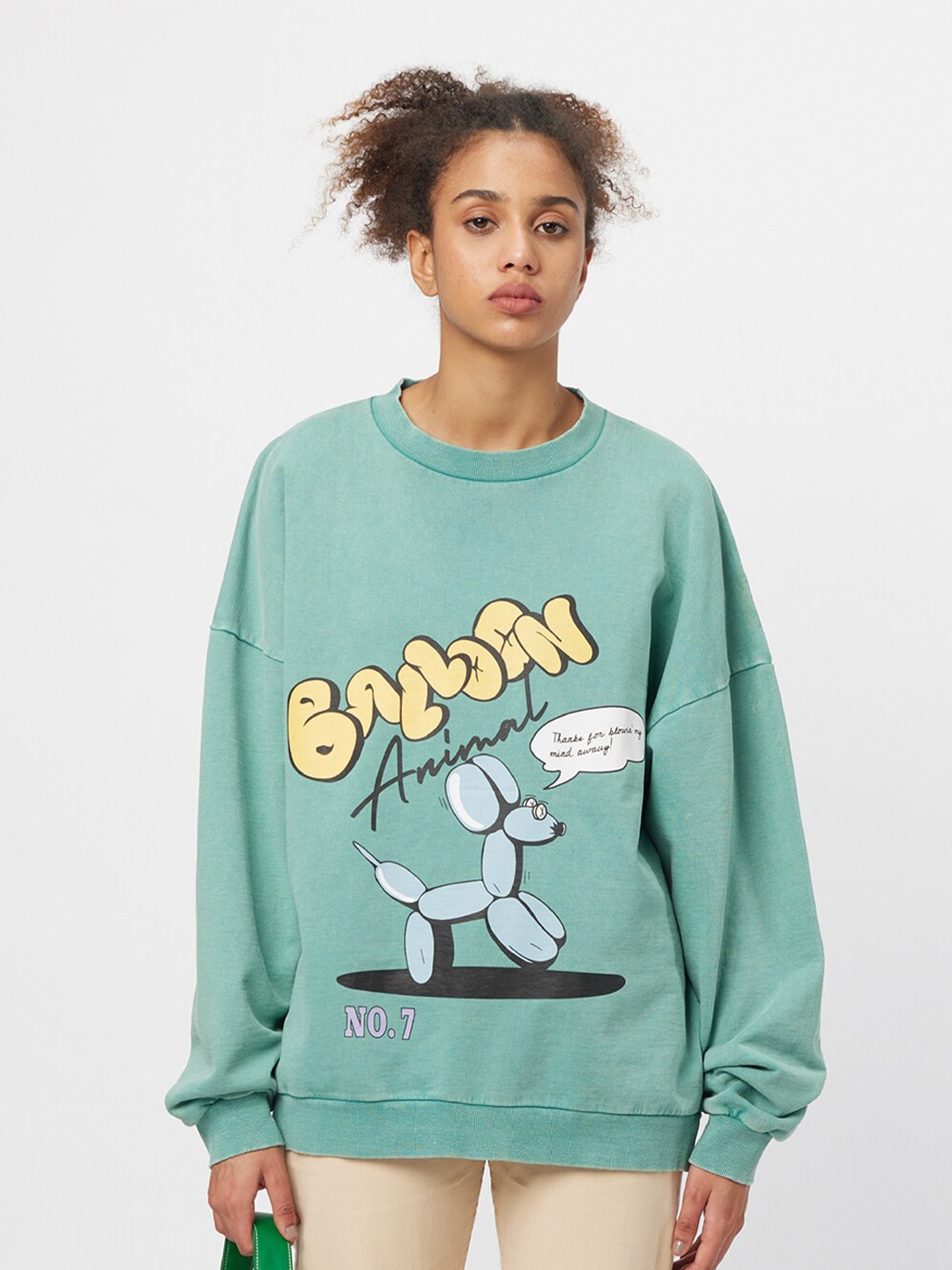 

Koovs Graphic Printed Drop-Shoulder Sleeves Pure Cotton Sweatshirt, Green