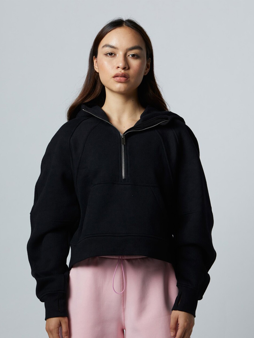 

Koovs Long Sleeves Hood Pure Cotton Crop Pullover Sweatshirt, Black