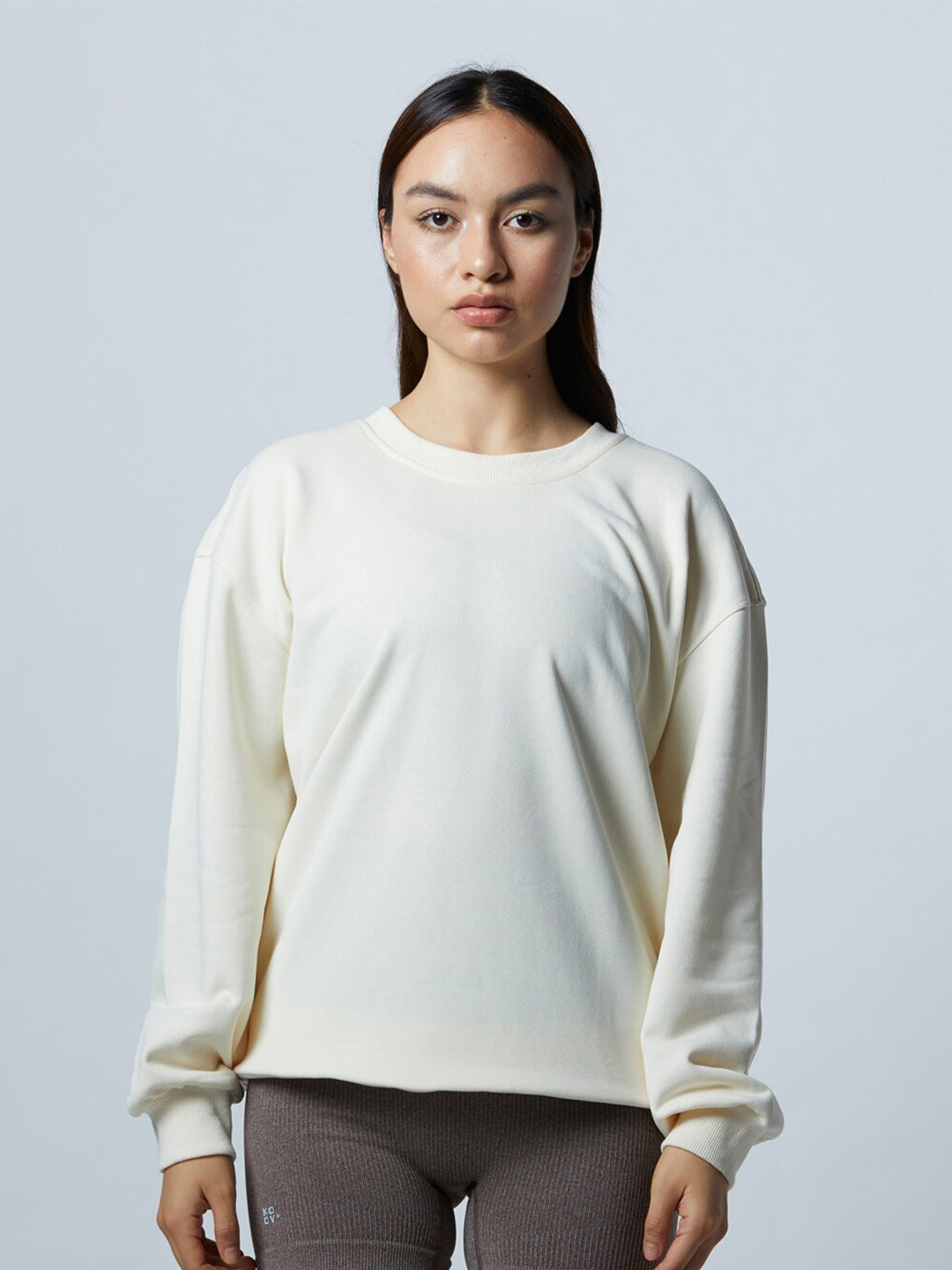 

Koovs Round Neck Pure Cotton Oversized Sweatshirt, Off white