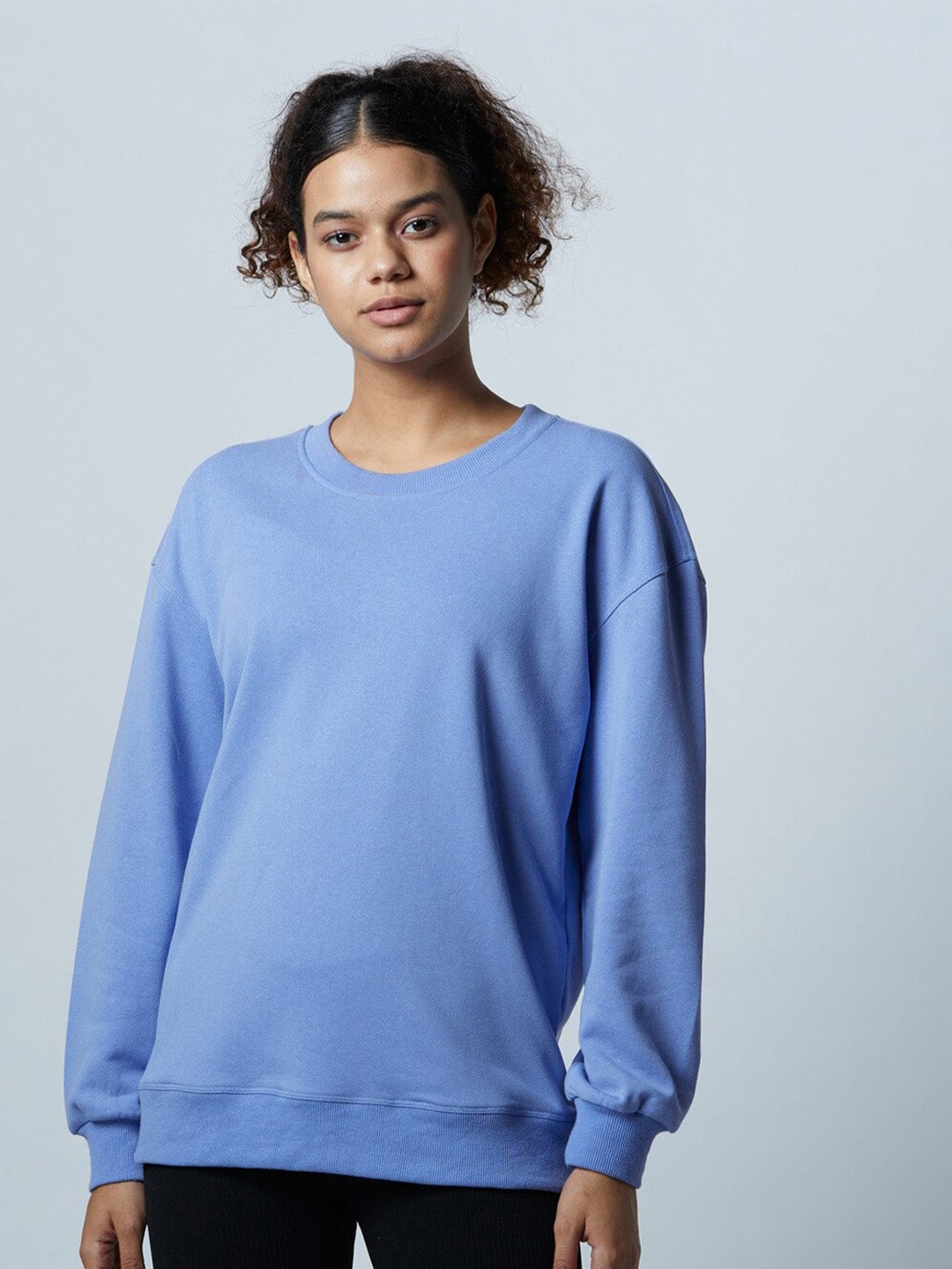 

Koovs Round Neck Long Sleeves Pure Cotton Oversized Pullover Sweatshirt, Blue