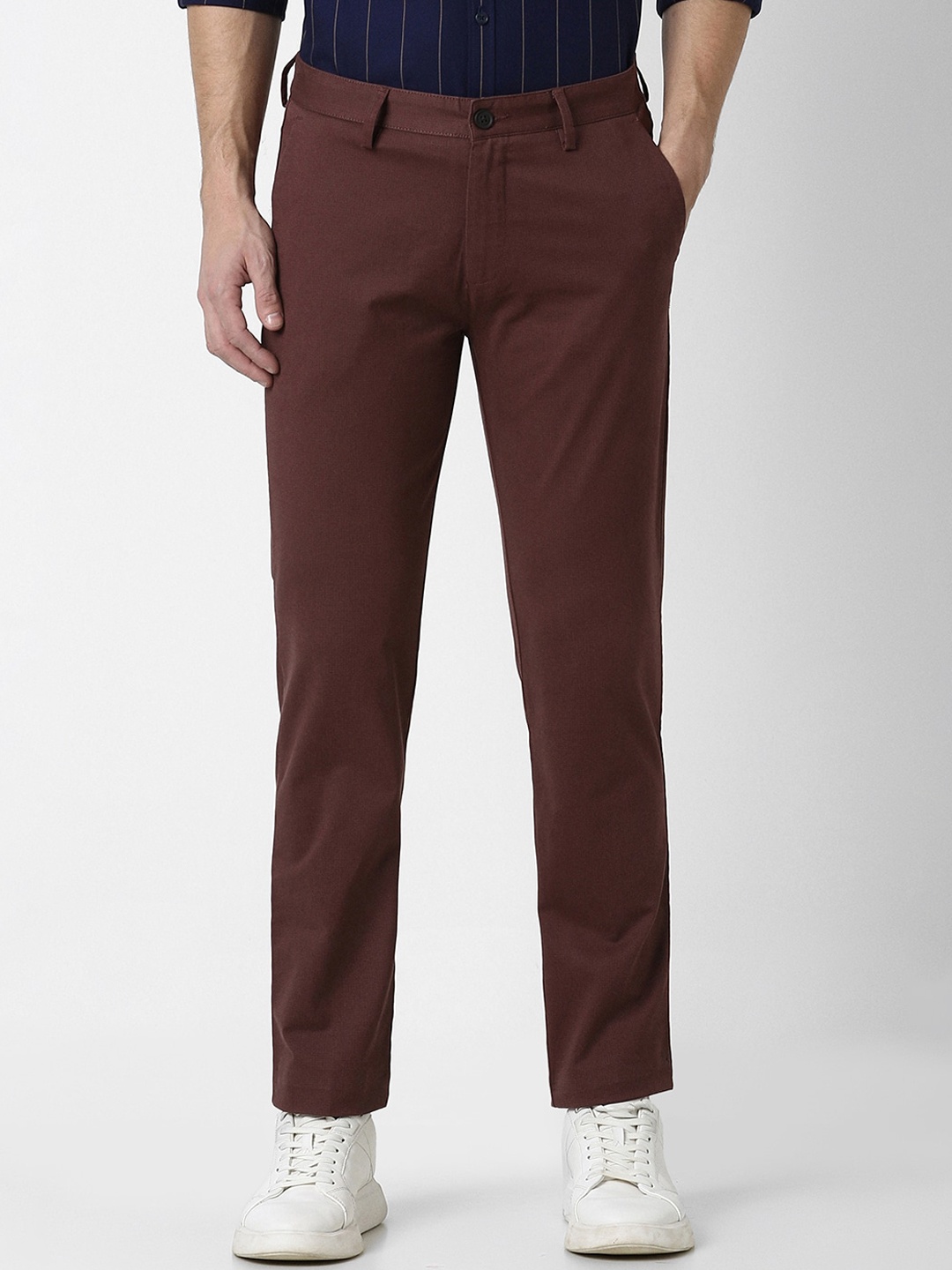 

Peter England Casuals Men Slim Fit Mid Rise Trousers, Maroon