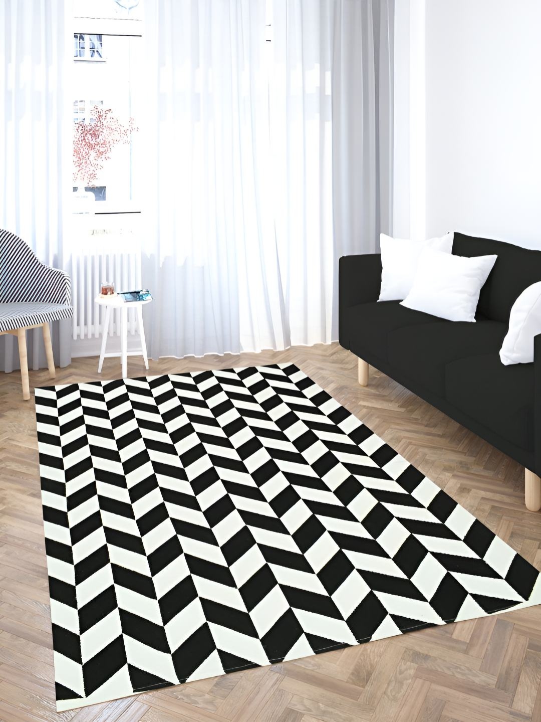 

HOMADORN White & Black Geometric Printed Pure Cotton Dhurrie