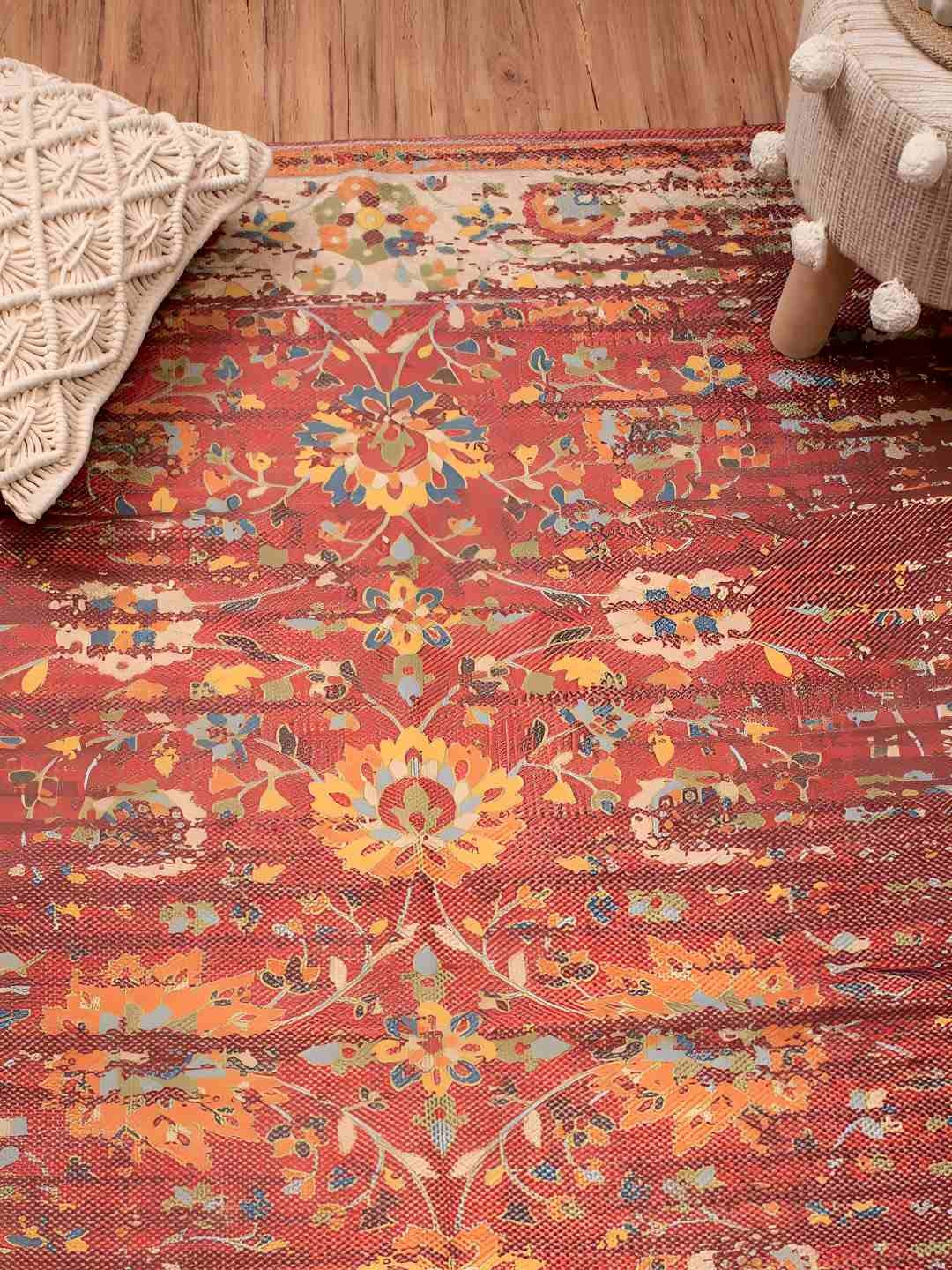 

HOMADORN Maroon & Yellow Printed No Shredding Dhurrie