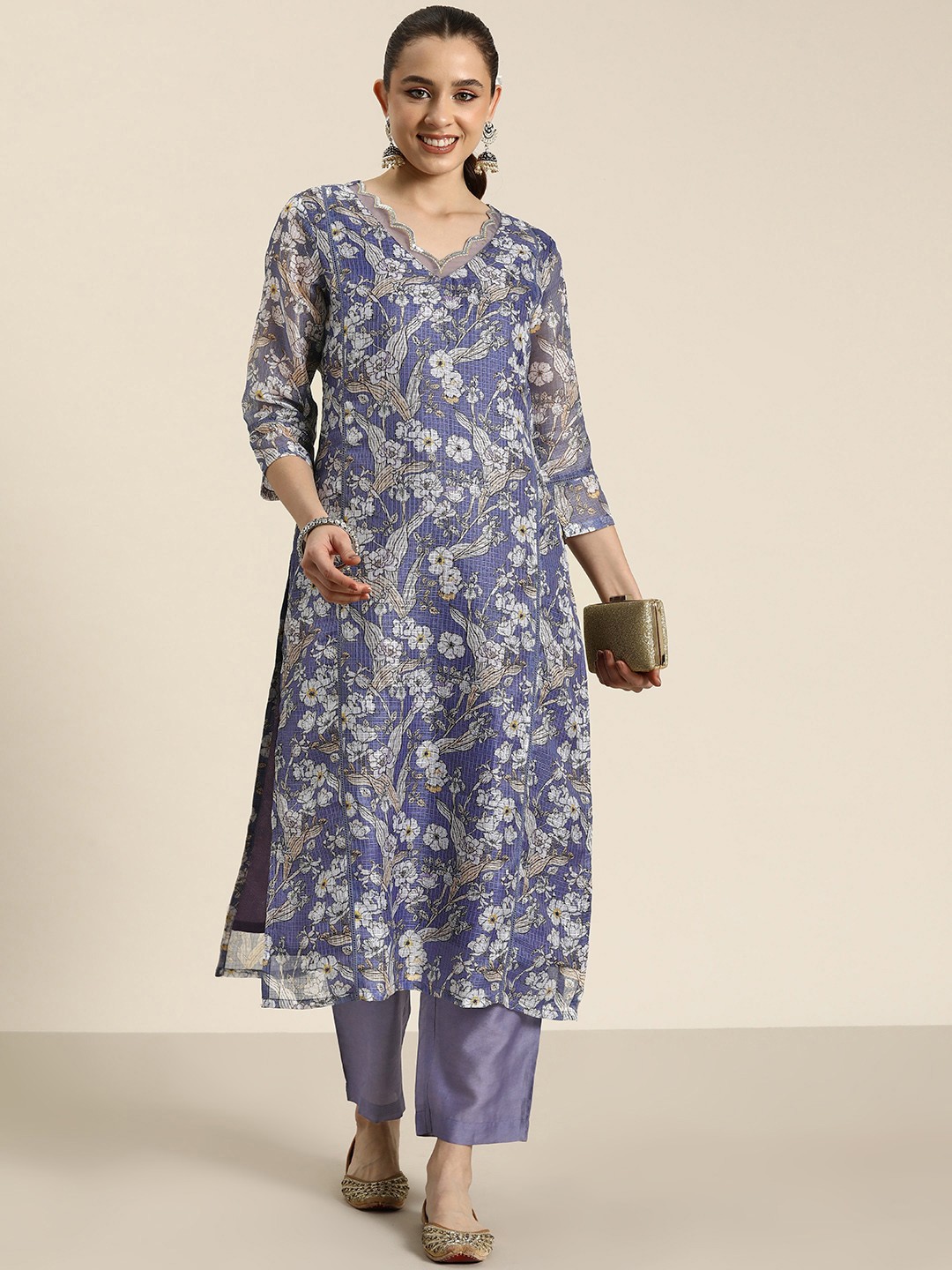 

HERE&NOW Floral Printed Regular Sequinned Kurta with Trousers, Blue
