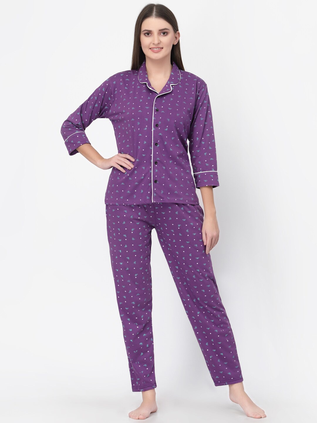 

UZARUS Conversational Printed Lapel Collar Night Suit, Purple