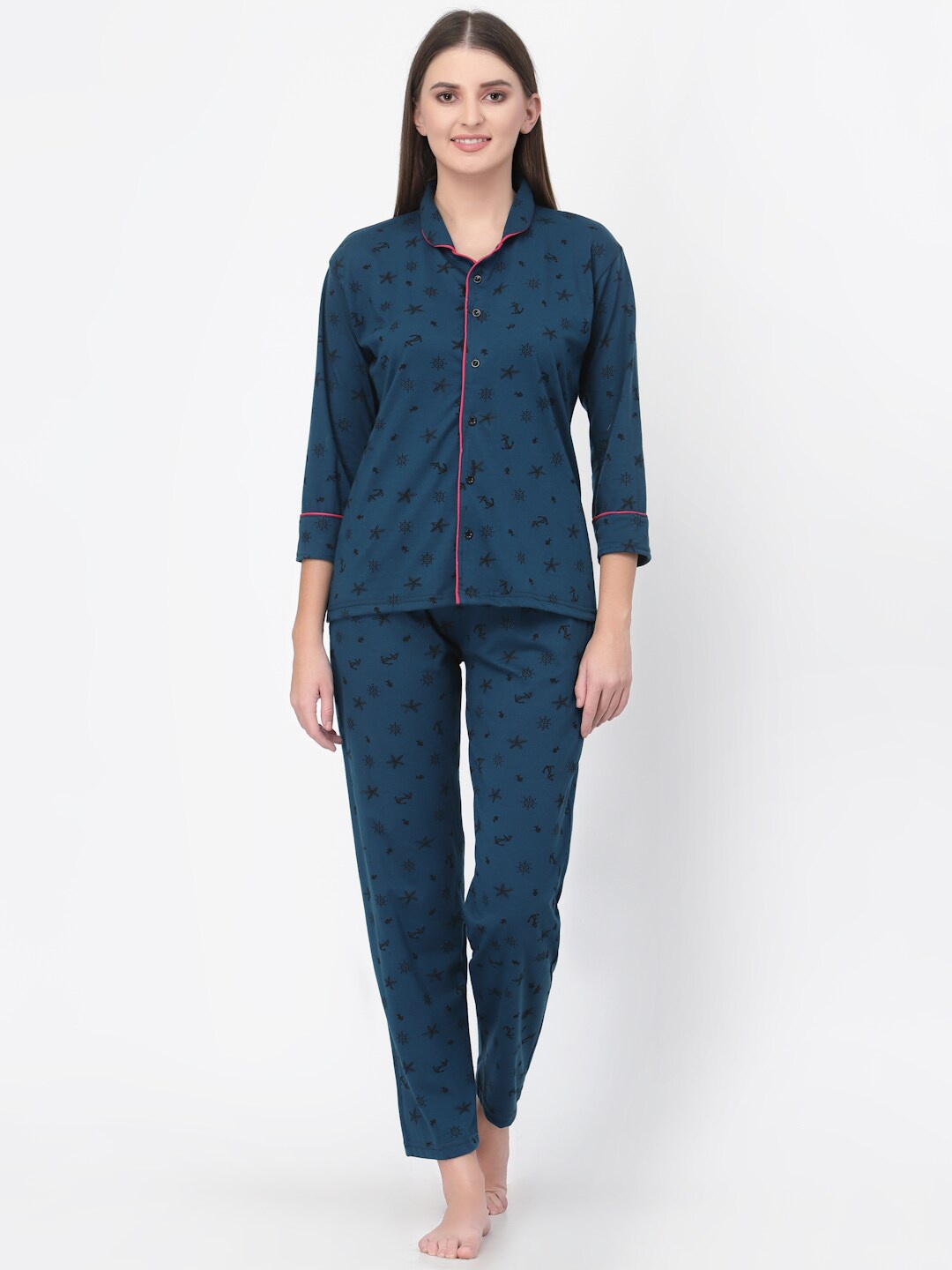 

UZARUS Lapel Collar Conversational Printed Night suit, Sea green