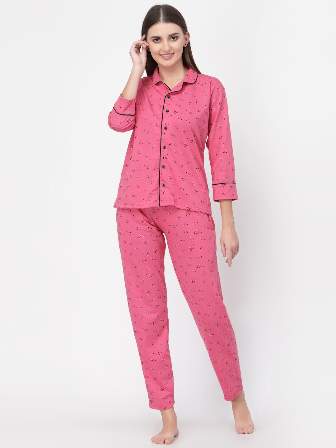 

UZARUS Conversational Printed Lapel Collar Pure Cotton Night suit, Pink