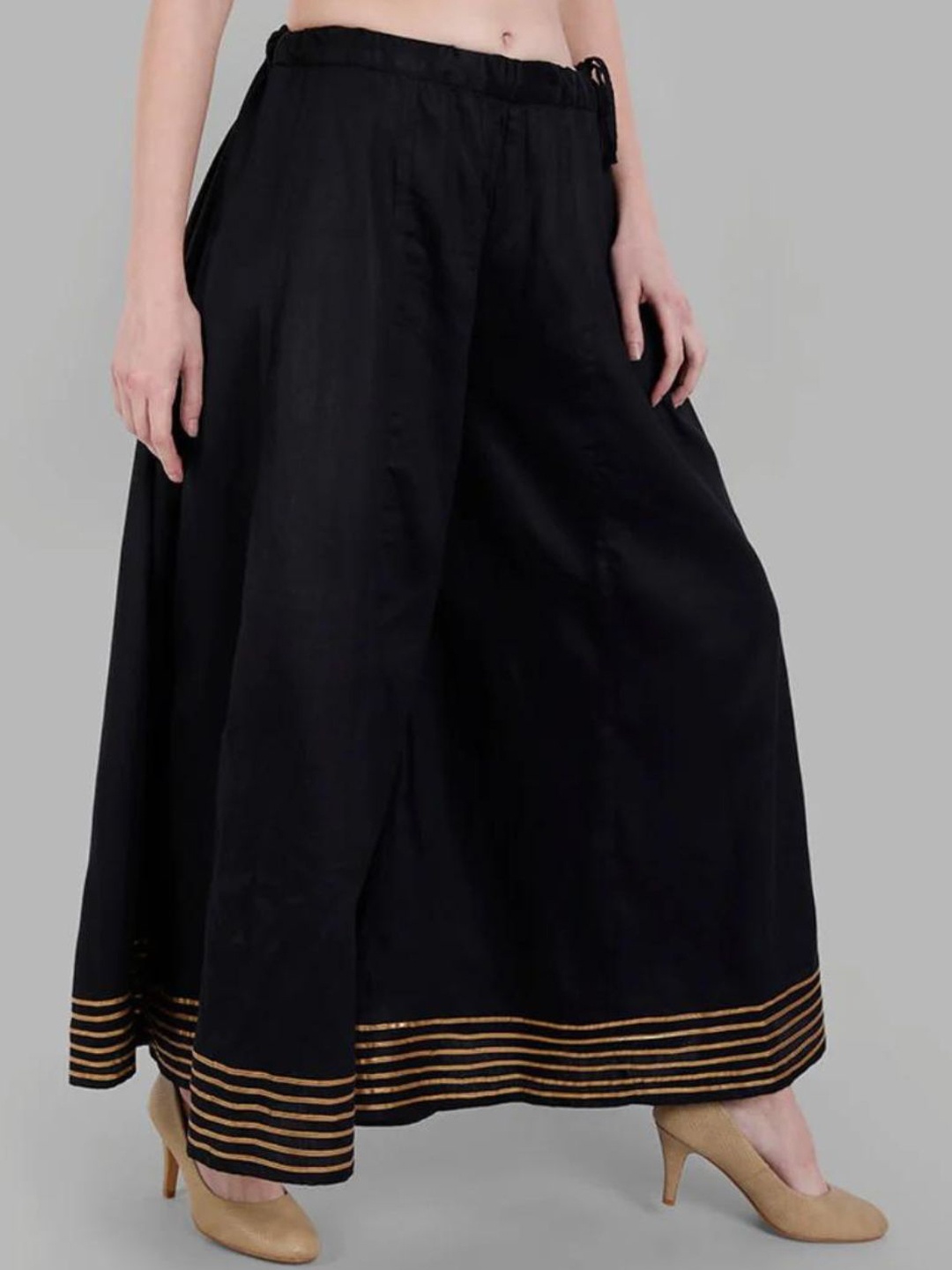 

Mera Rang Gota-border Pure Cotton Flared Palazzo, Black