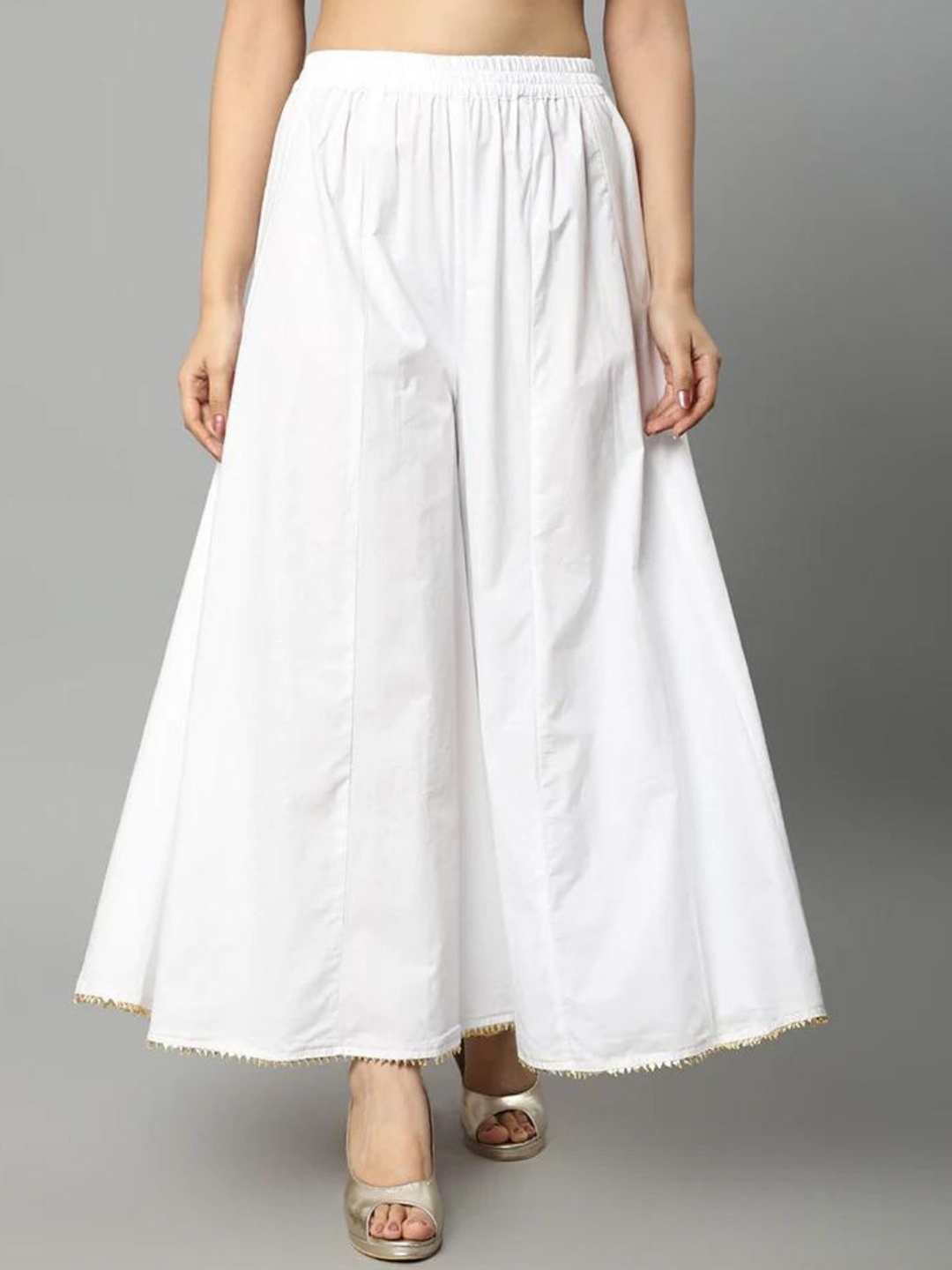 

Mera Rang Gota-border Pure Cotton Flared Palazzo, White