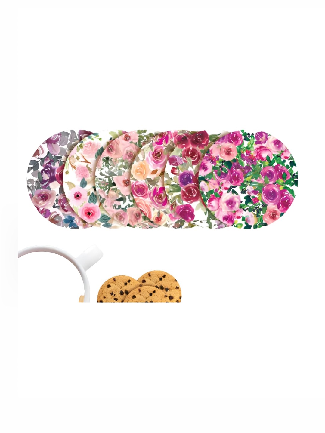 

CLAWCRAFTS Green & Pink 6 Pieces Floral Printed Wood Tea Coasters