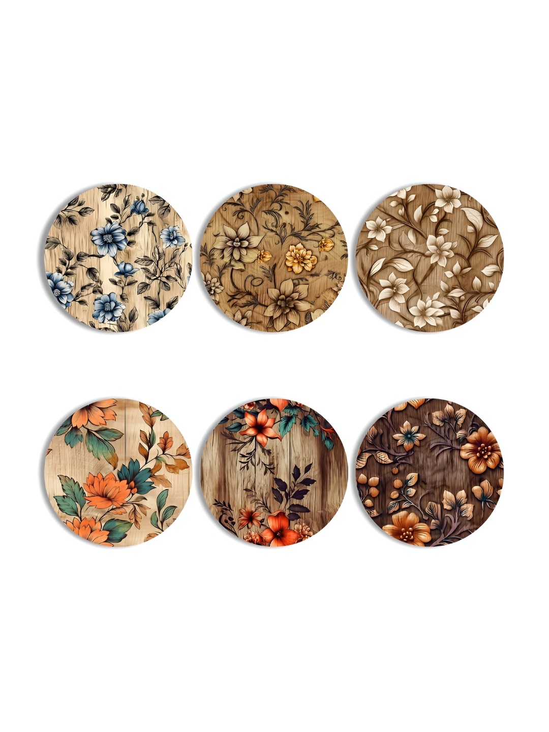 

CLAWCRAFTS Beige & Blue 6 Pieces Floral Printed Wooden Tea Coasters, Brown