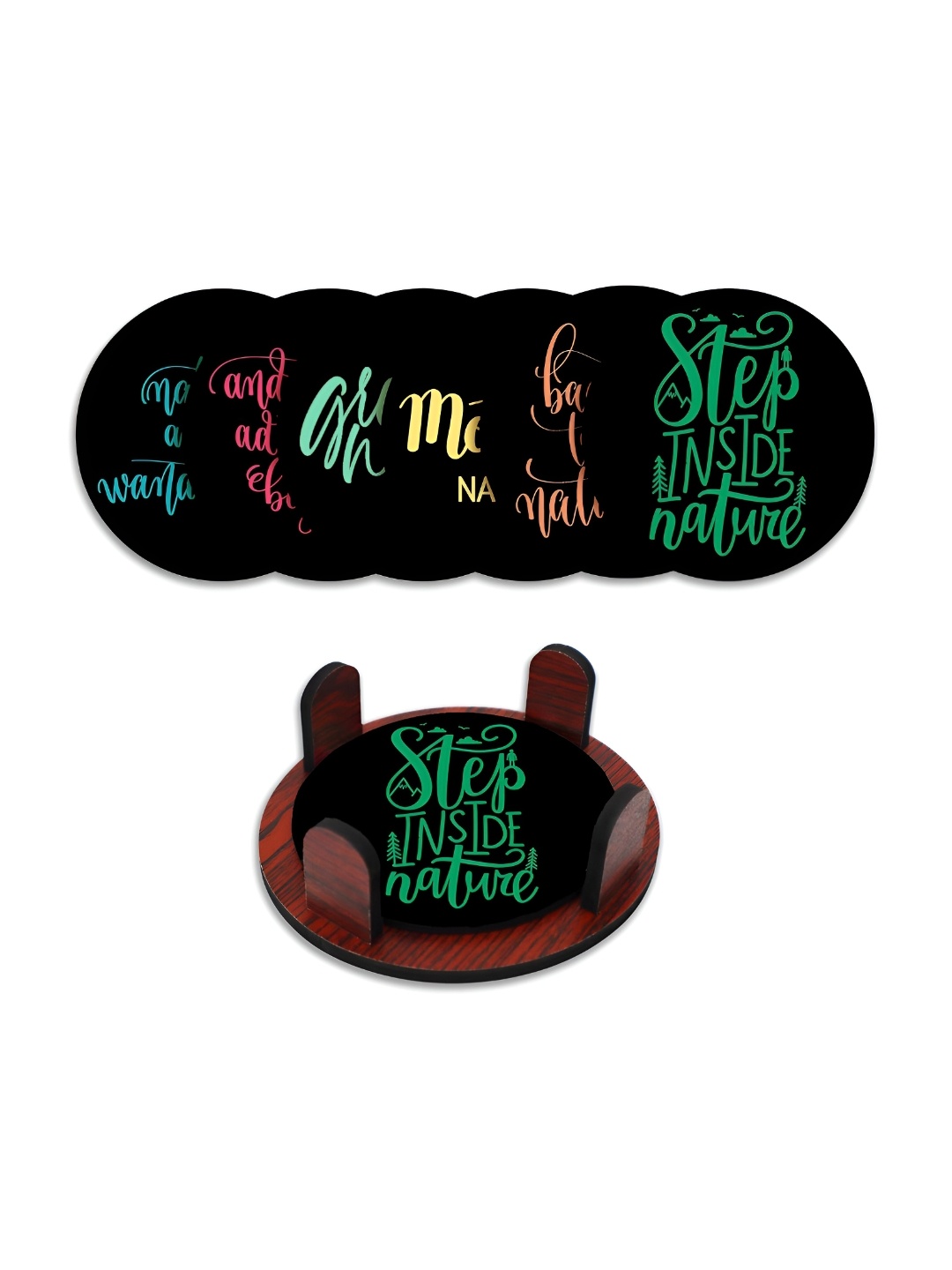 

CLAWCRAFTS Black & Orange 6 Pieces Printed Wooden Coasters With Tray