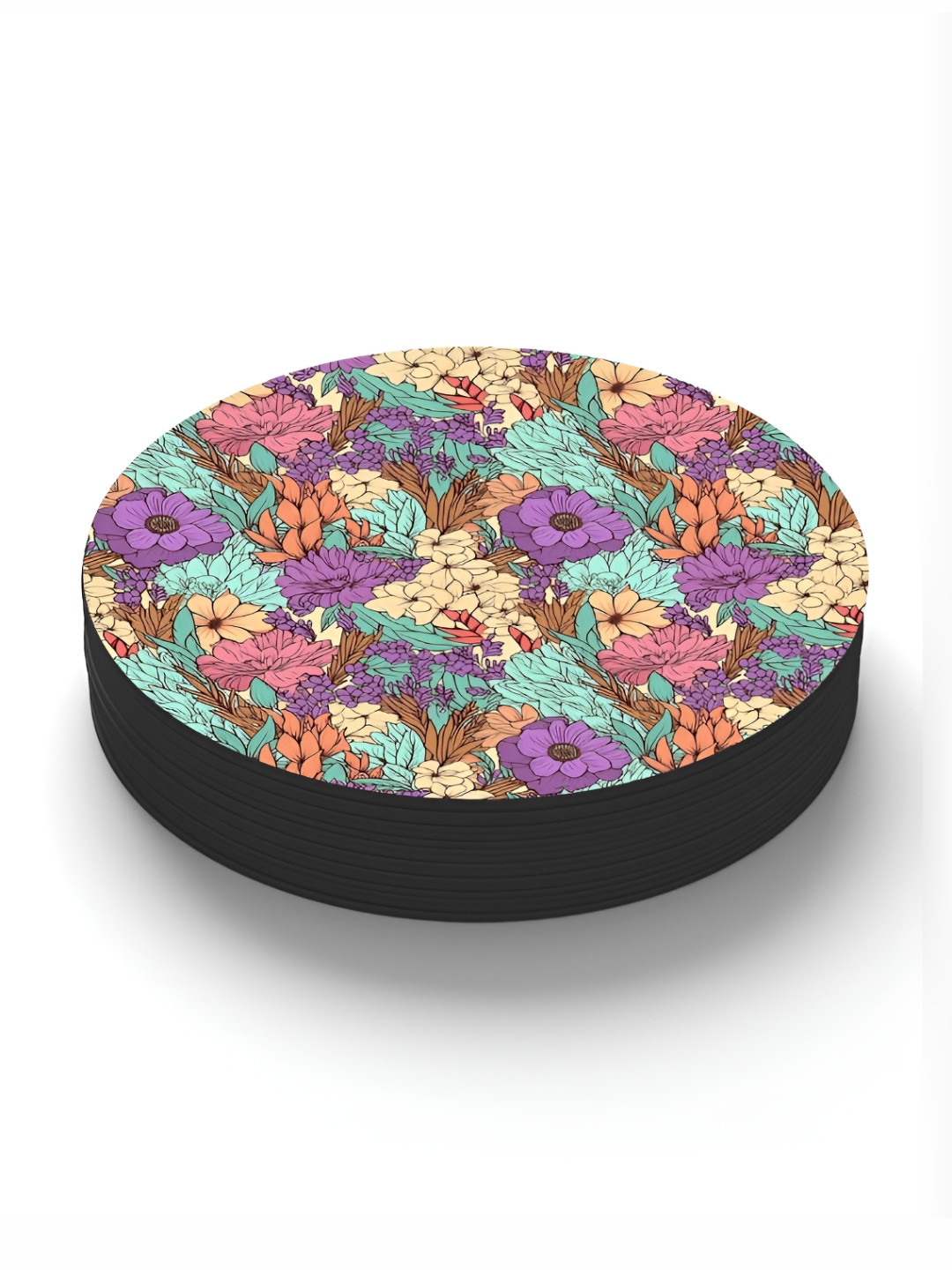

CLAWCRAFTS Purple & Green 6 Pieces Floral Printed Wooden Coasters