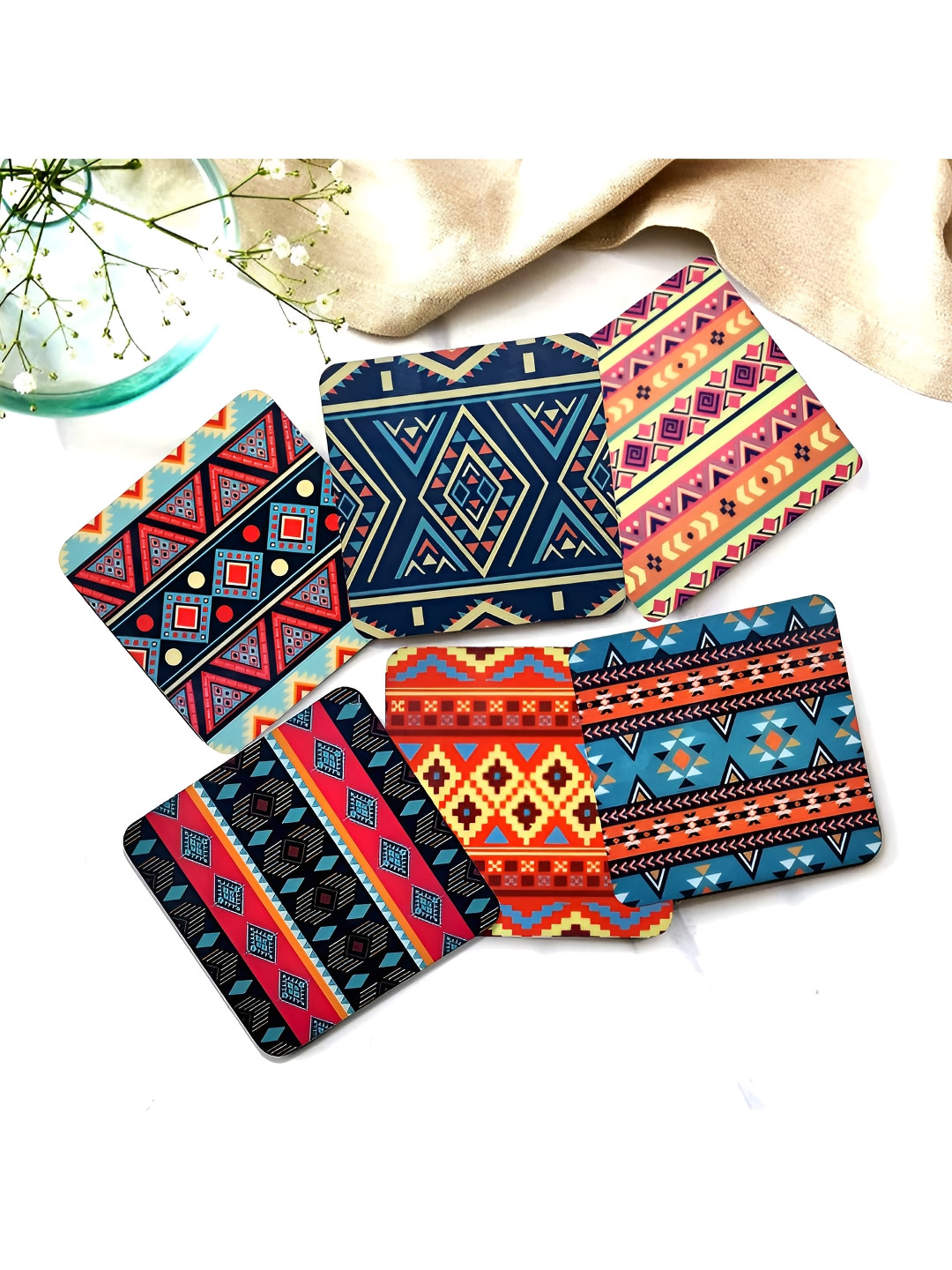 

CLAWCRAFTS Blue & Red 6 Pieces Printed Wooden Coasters With Tray