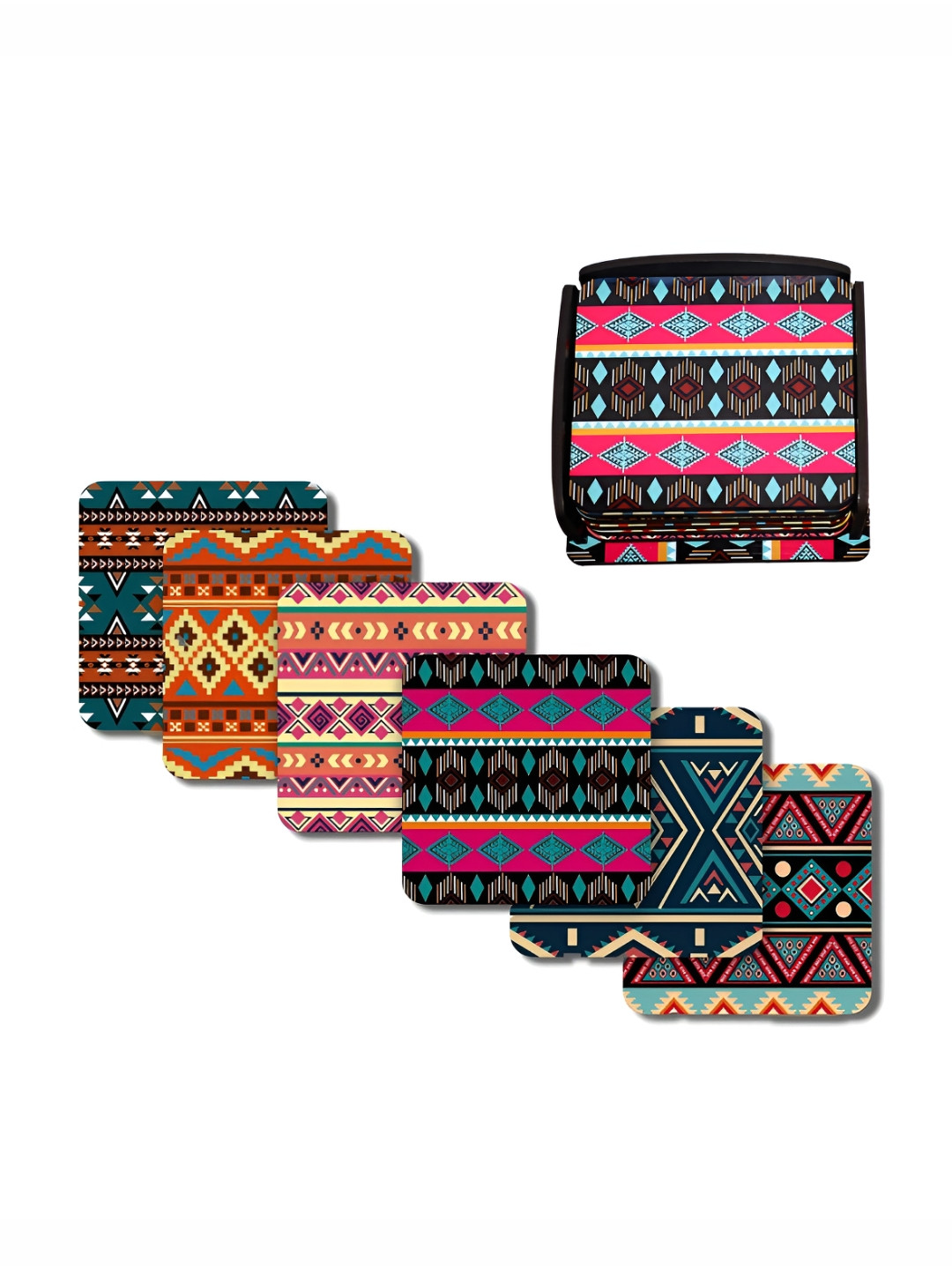 

CLAWCRAFTS Pink & Blue 6 Pieces Printed Wooden Coasters With Tray