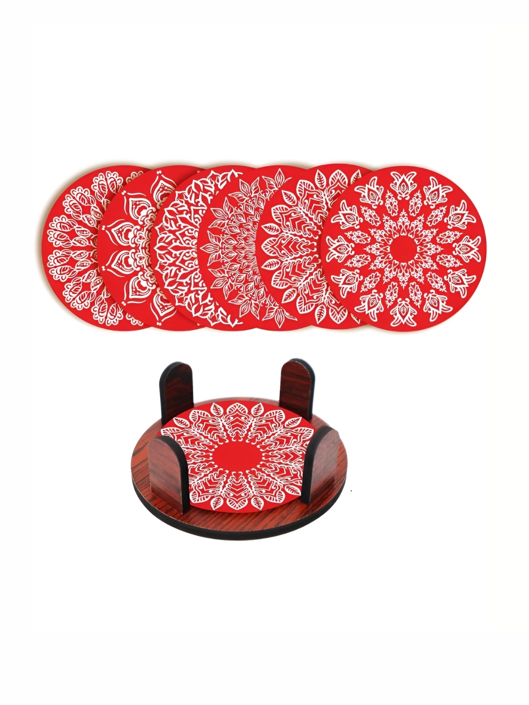 

CLAWCRAFTS Red & White 6Pieces Printed Wooden Coasters With Tray