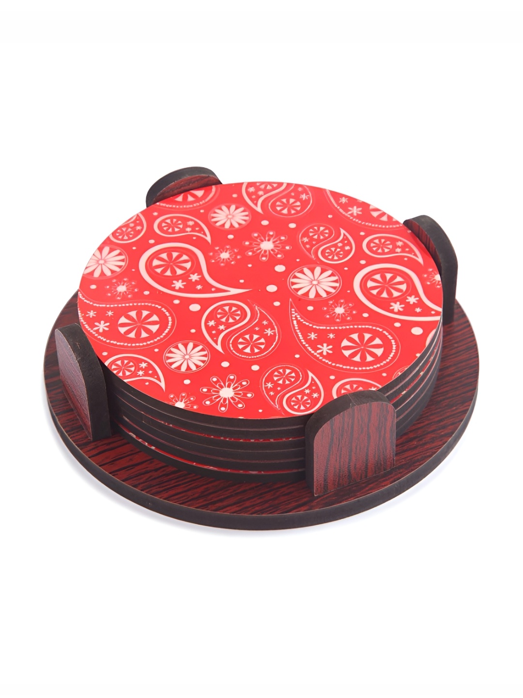 

CLAWCRAFTS 6 Pcs Red & White Printed Non-Slip Wooden Coasters With Tray