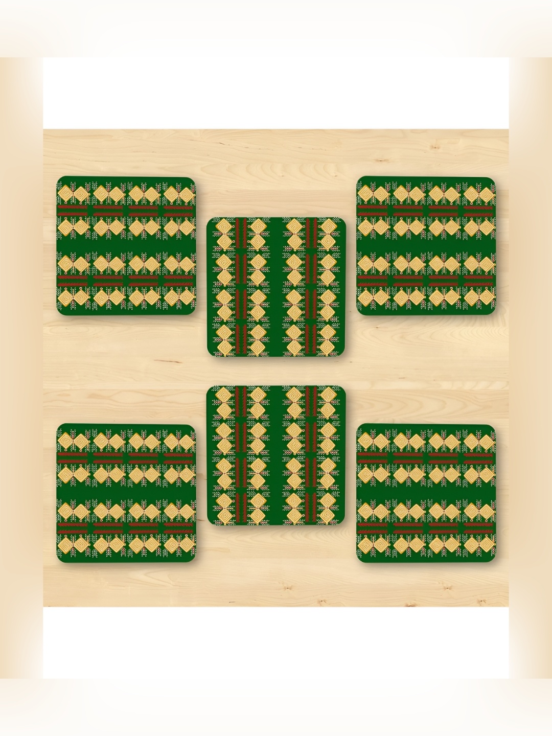 

CLAWCRAFTS 6 Pcs Green & Beige Printed Wooden Coasters