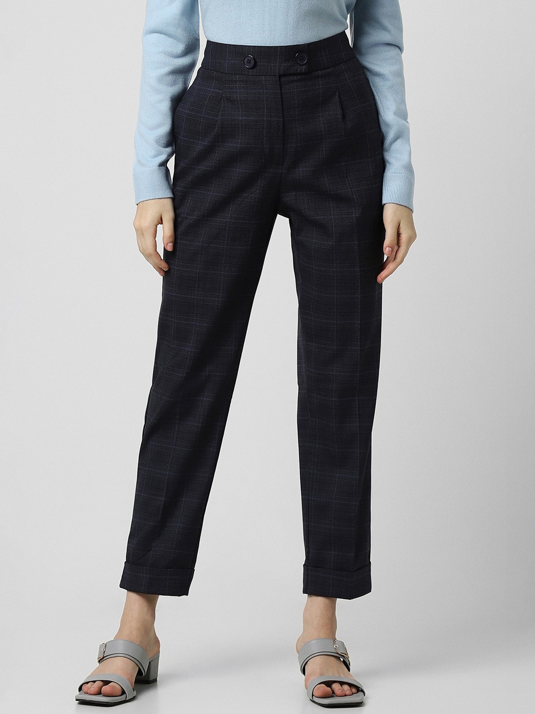 

Van Heusen Woman Women Checked Slim Fit Pleated Cropped Formal Trousers, Navy blue