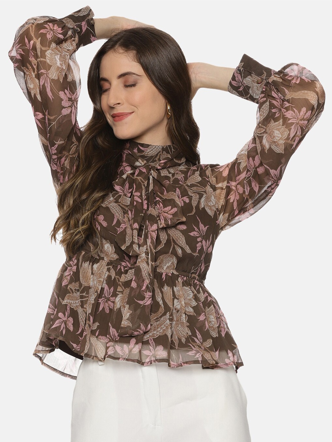 

ISU Floral Printed Cuffed Sleeves Peplum Top, Brown