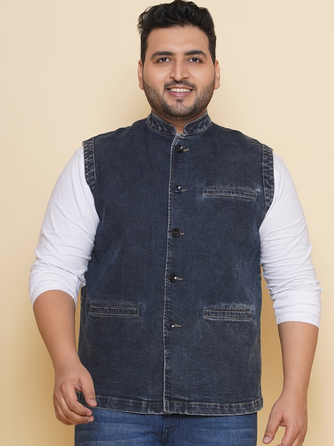 

John Pride Plus Size Denim Nehru Jacket, Blue
