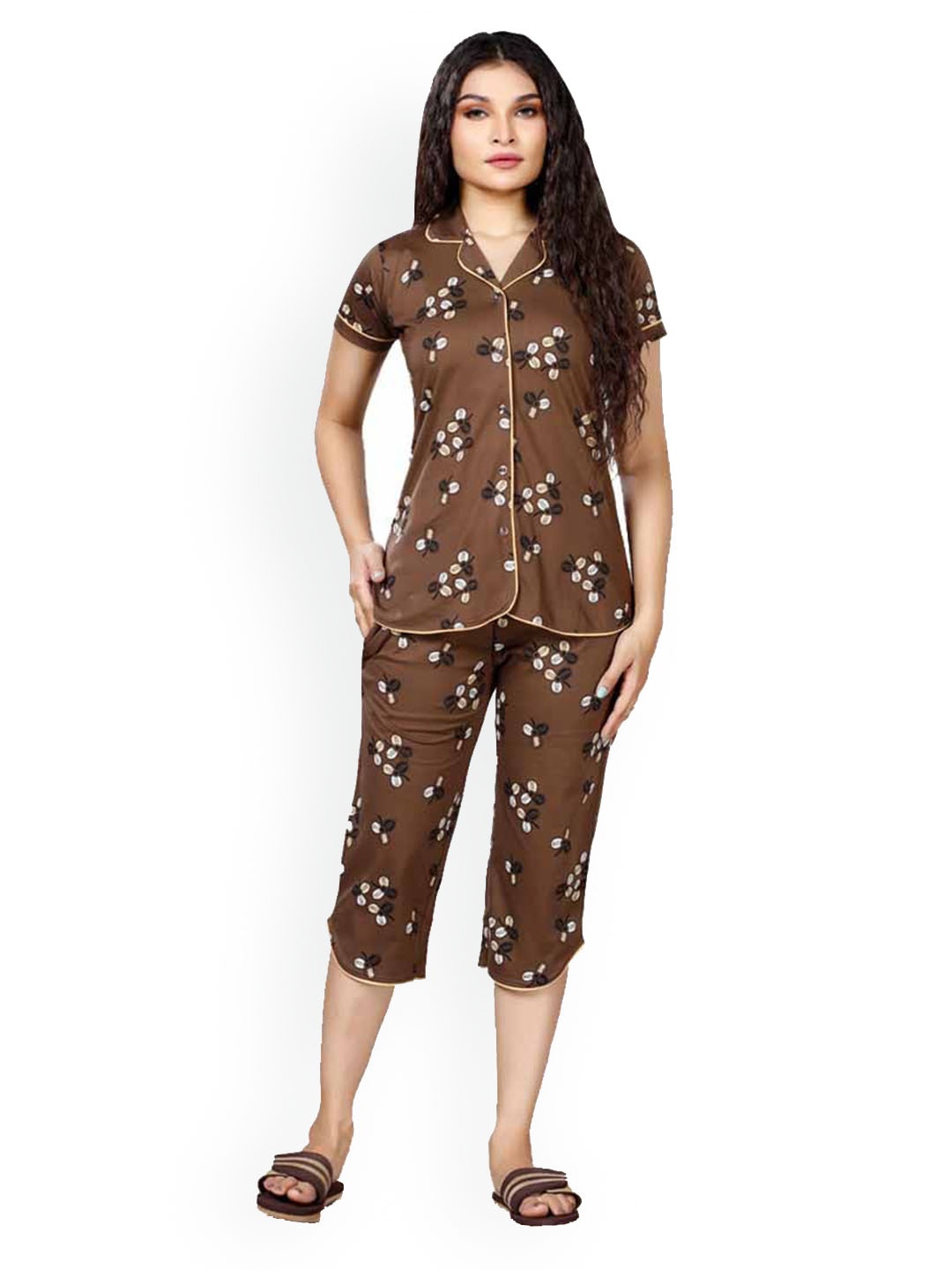 

Foxy Floral Printed Pure Cotton Night suit, Brown