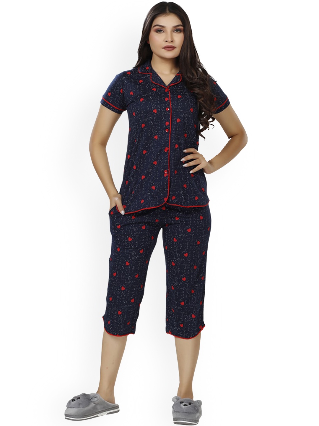 

Foxy Conversational Printed Pure Cotton Night suit, Navy blue