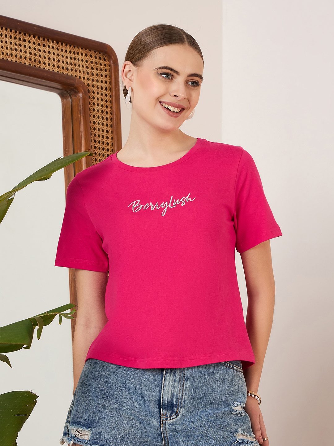 

Berrylush BASICS Pink Brand Logo Printed T-shirt