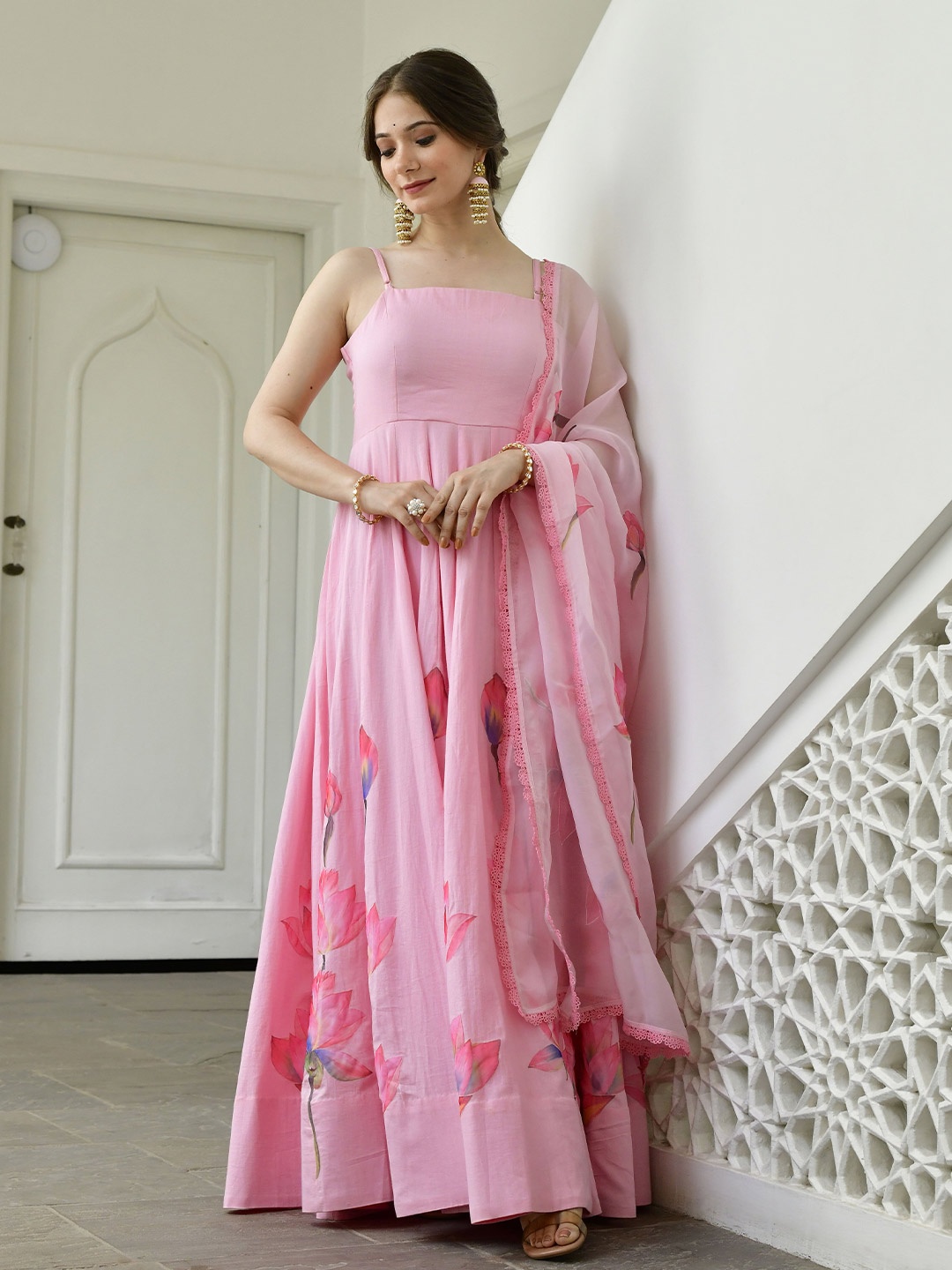

Lirose Floral Printed Fit & Flare Maxi Satin Ethnic Dress with Dupatta, Pink