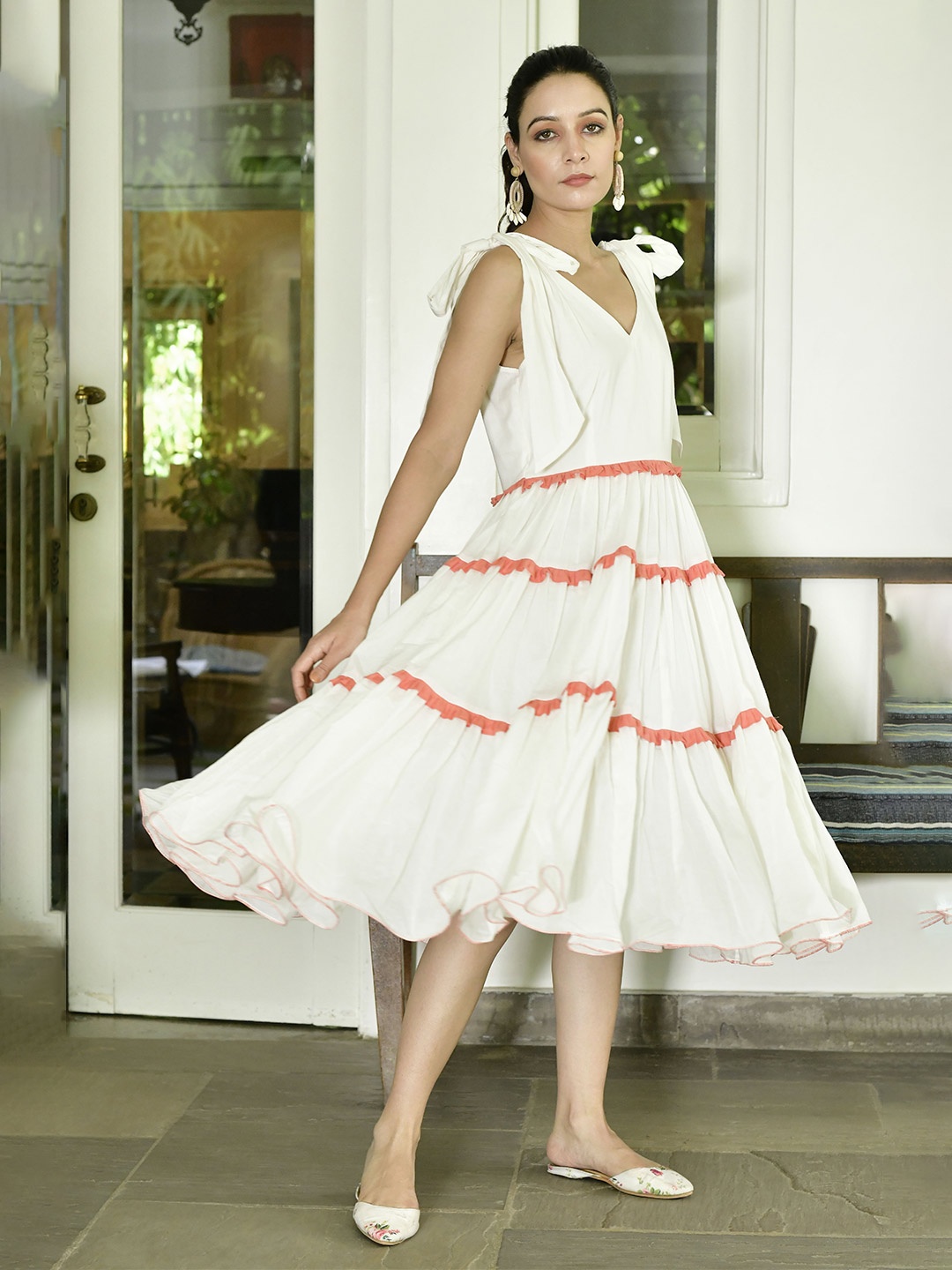 

Lirose V-Neck Gathared Detailed Tiered Pure Cotton Fit & Flare Midi Dress, White