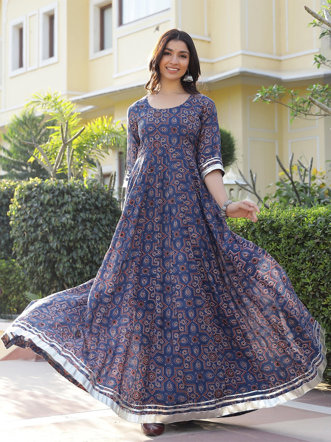 

Lirose Ethnic Motifs Printed Gotta Patti Fit & Flare Maxi Silk Ethnic Dress, Navy blue