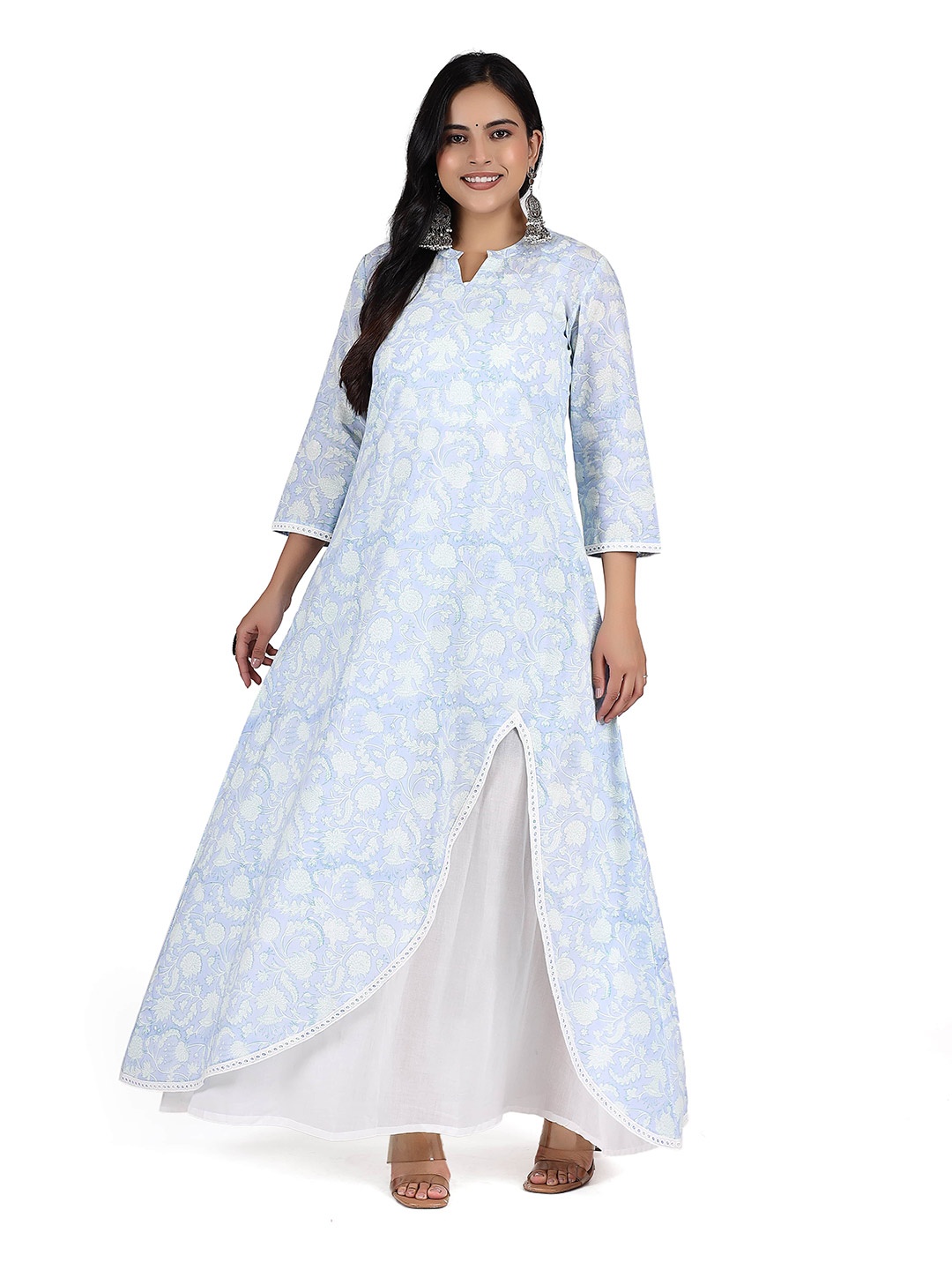 

Lirose Floral Printed Mandarin Collar Pure Cotton Maxi Ethnic Dress, Blue