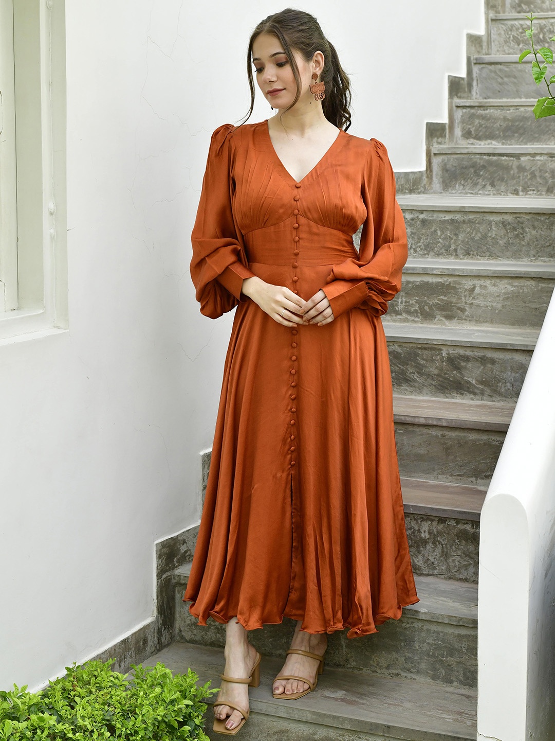 

Lirose V-Neck Cuffed Sleeves Modal Satin Fit & Flare Midi Dress, Brown
