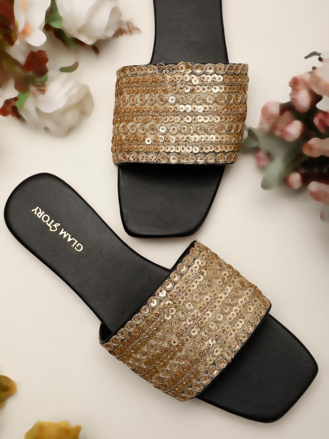 

GLAM STORY Genuine Embellished Open Toe Flats, Gold