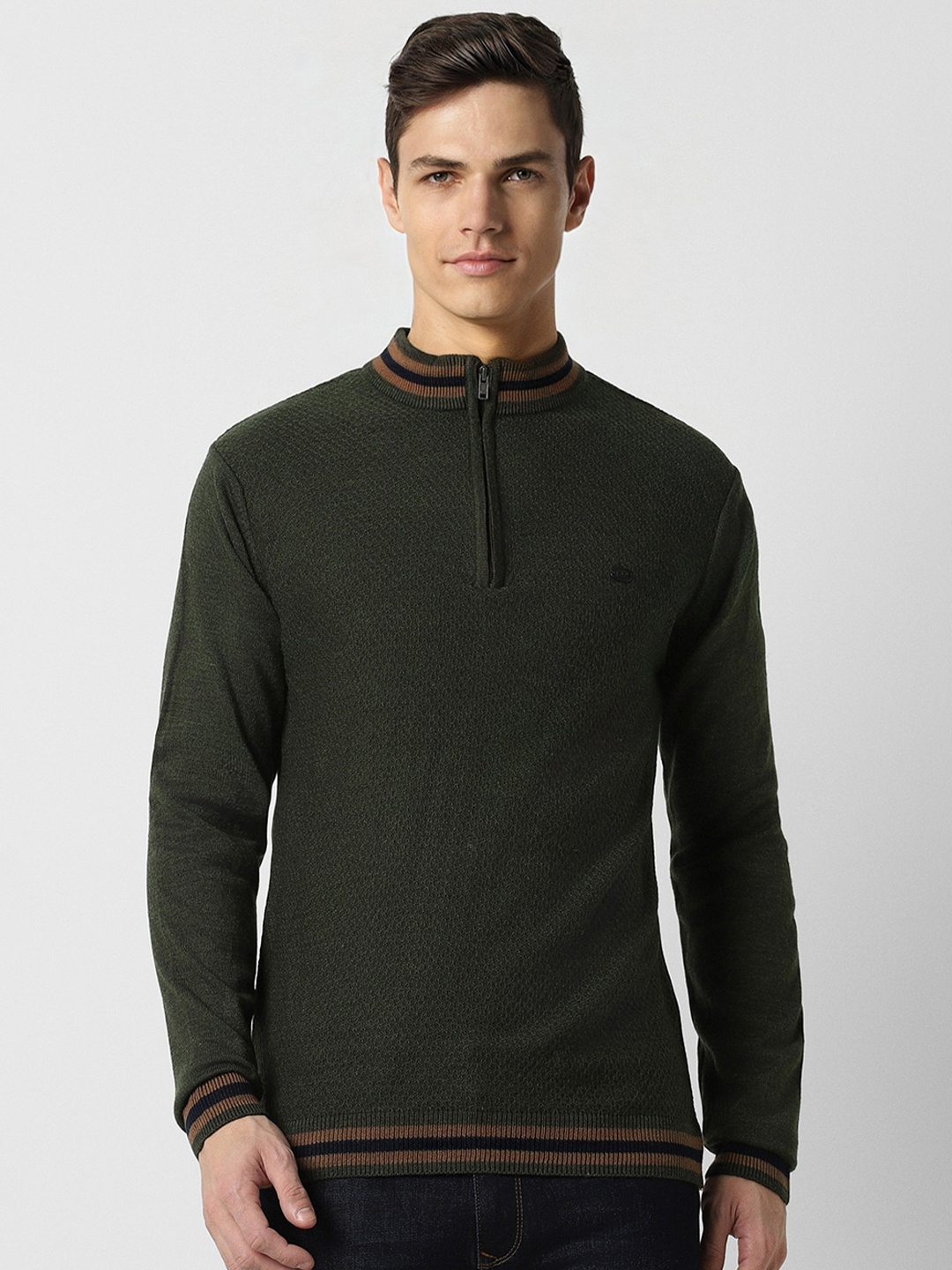 

Peter England Casuals Textured Mock Collar Pure Acrylic Pullover, Olive