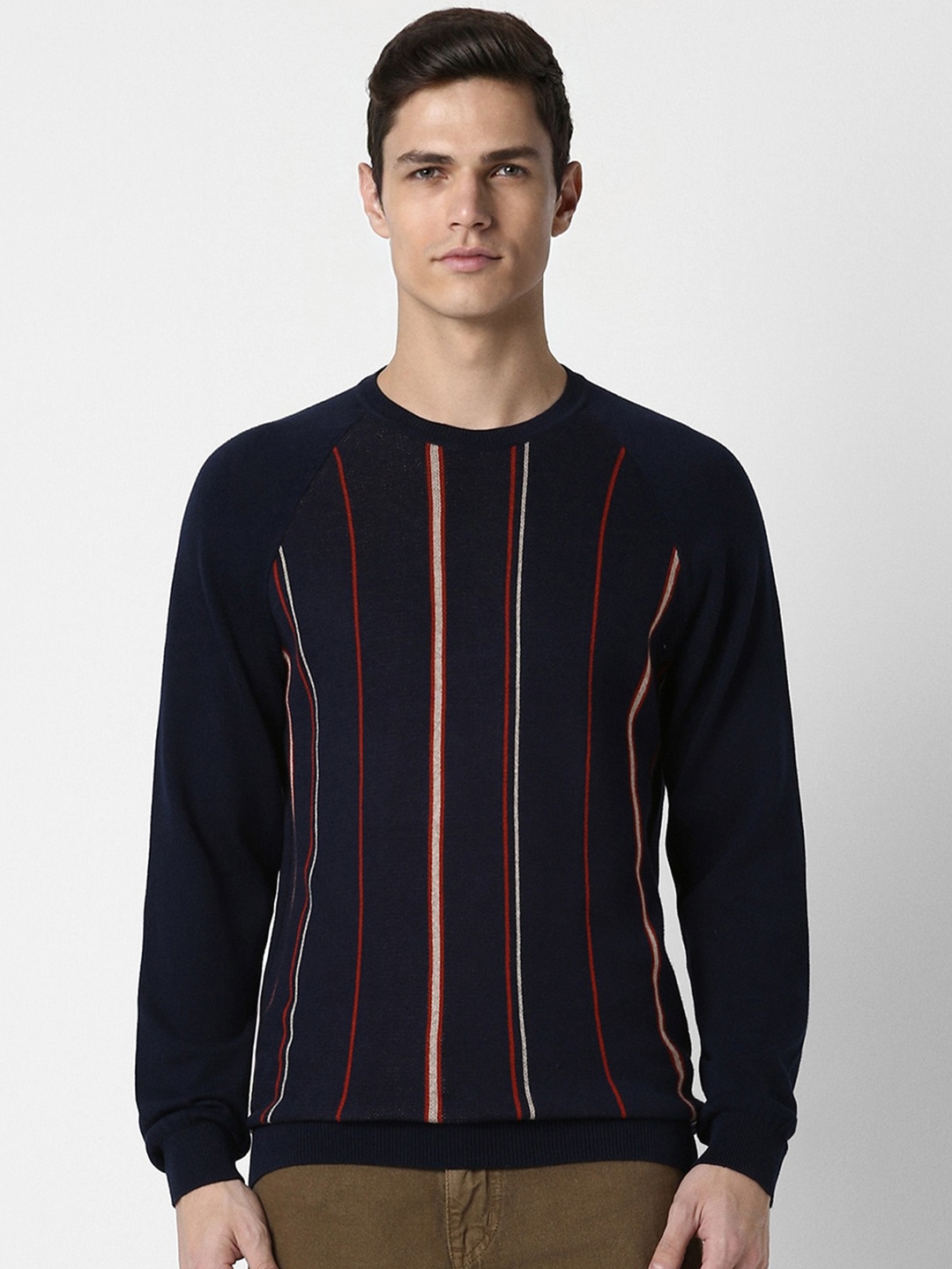 

Peter England Casuals Striped Crew Neck Pure Acrylic Pullover, Navy blue