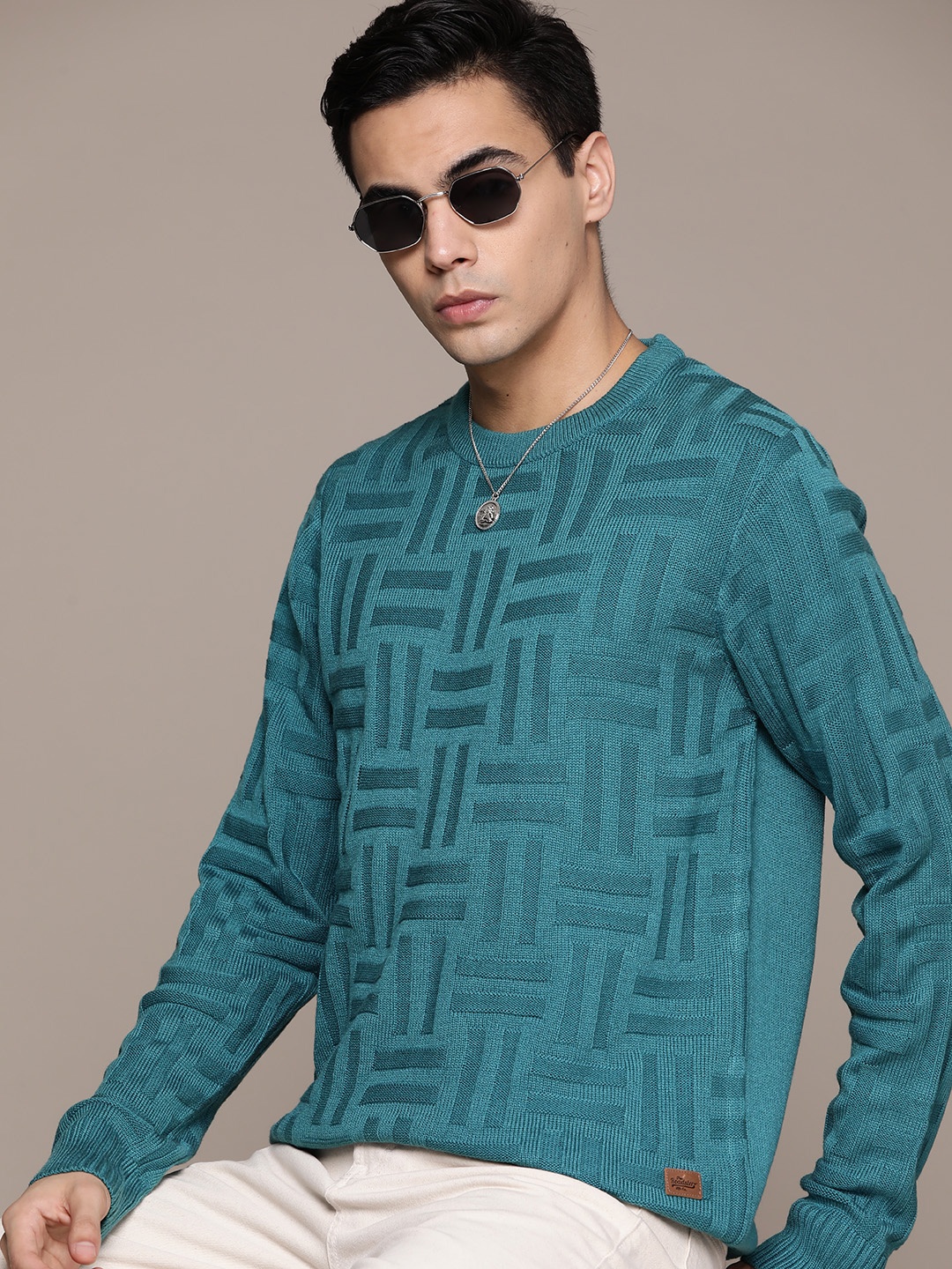 

Roadster Men Geometric Pullover, Turquoise blue