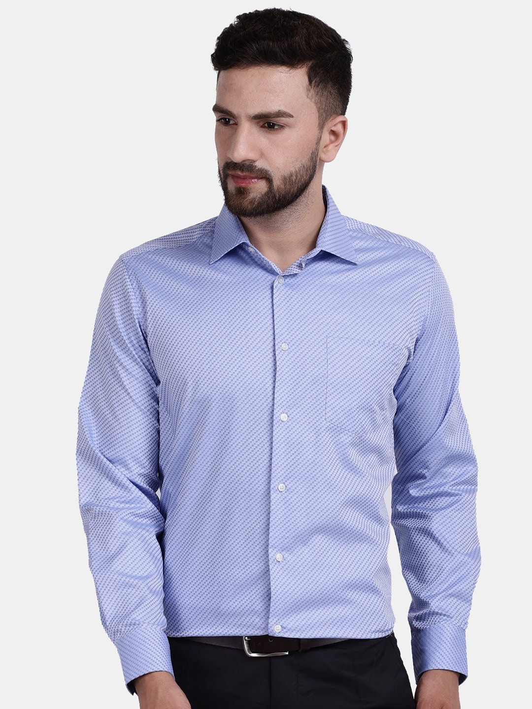 

Cotstyle Premium Micro Ditsy Printed Spread Collar Jacquard Cotton Formal Shirt, Blue