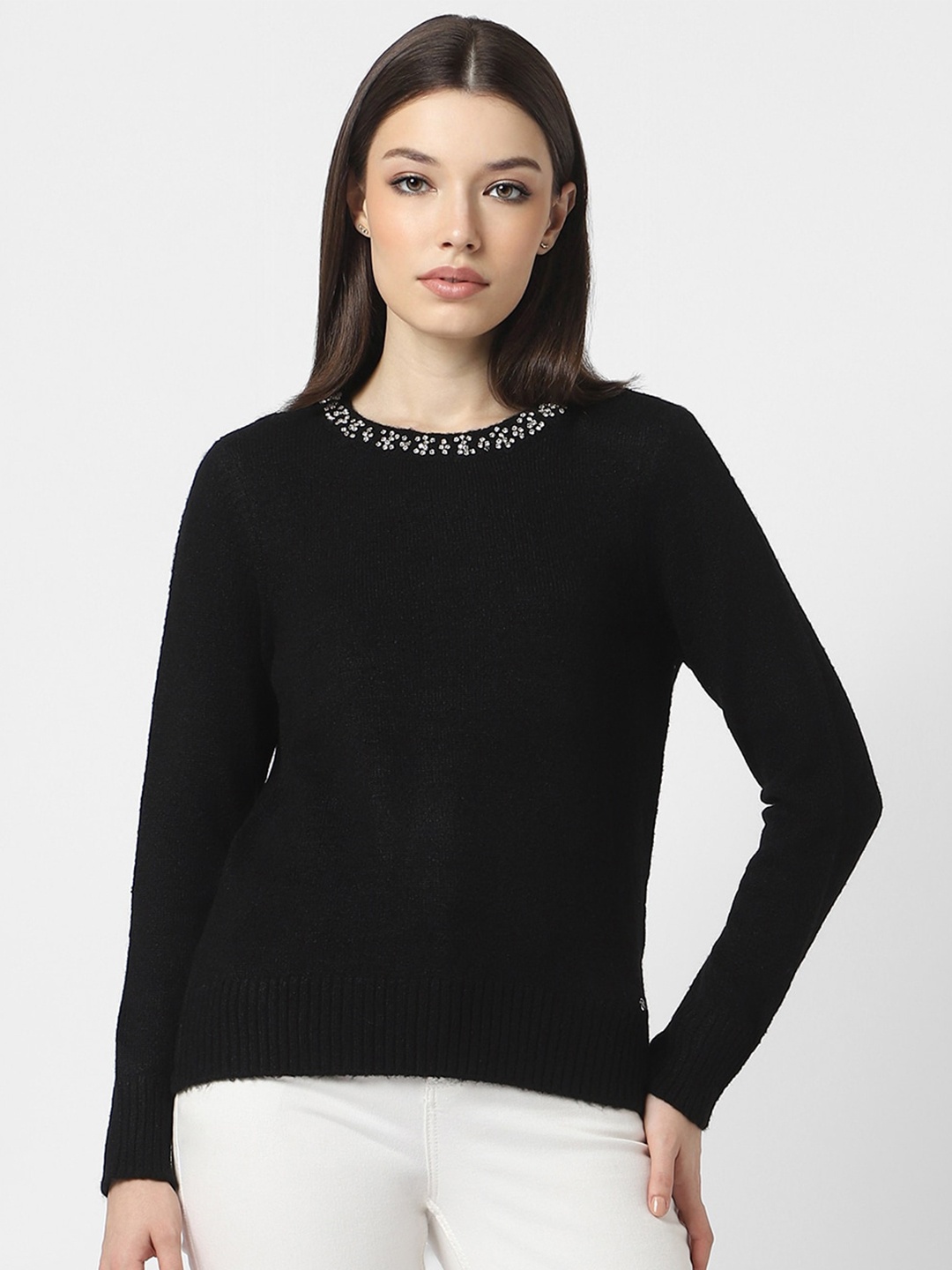 

Van Heusen Woman Ribbed Embellished Pullover Sweater, Black