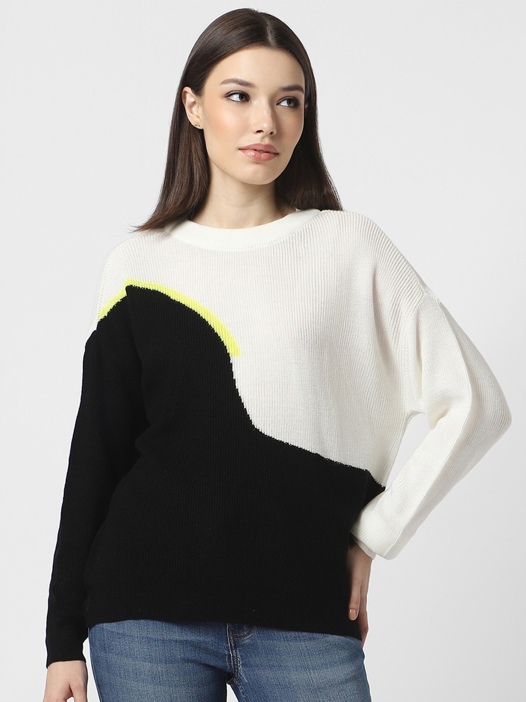 

Van Heusen Woman Colourblocked Round Neck Acrylic Pullover Sweater, Black