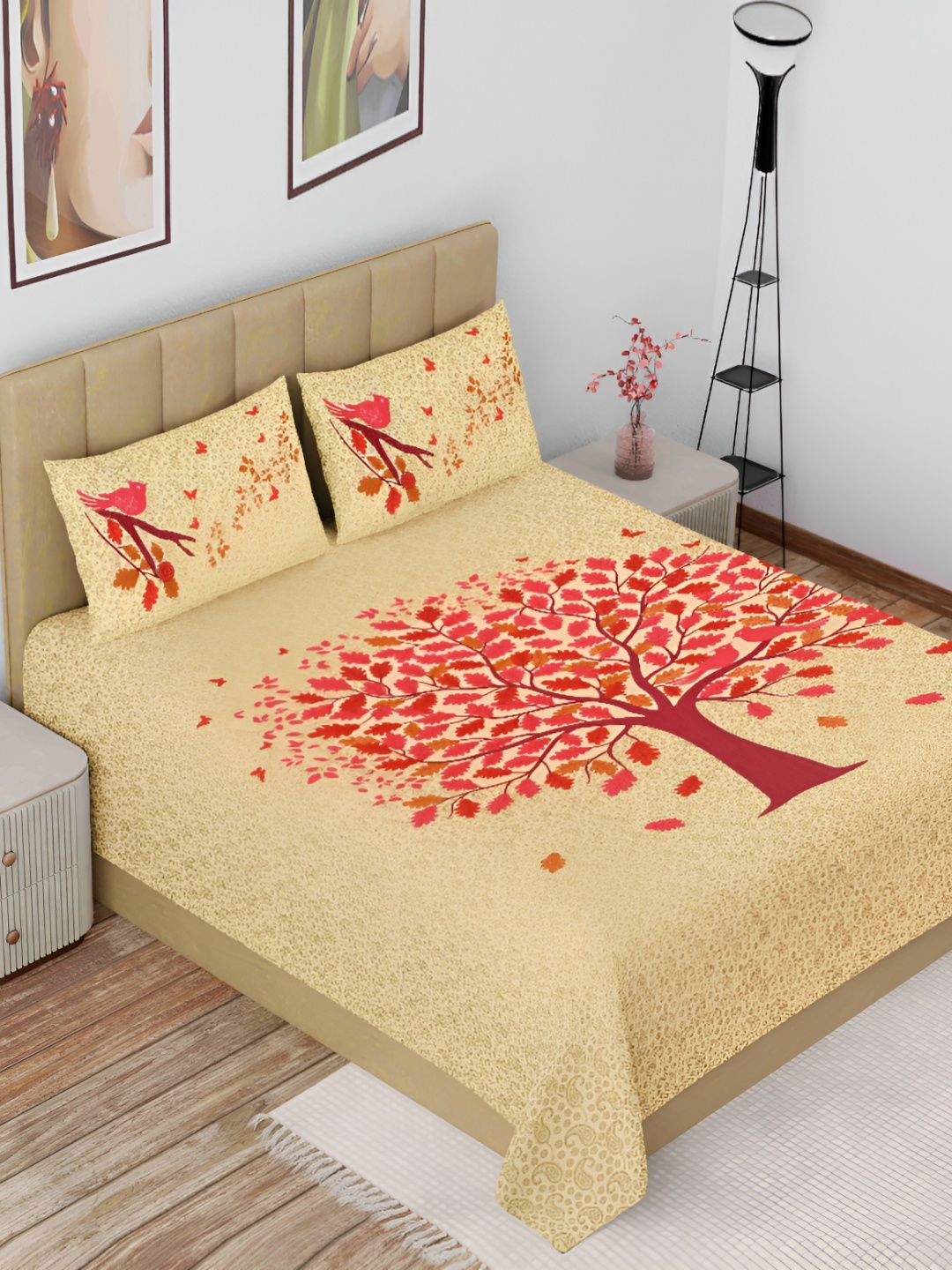 

The Craft Monk Beige & Pink Floral Cotton 144 TC King Bedsheet with 2 Pillow Covers