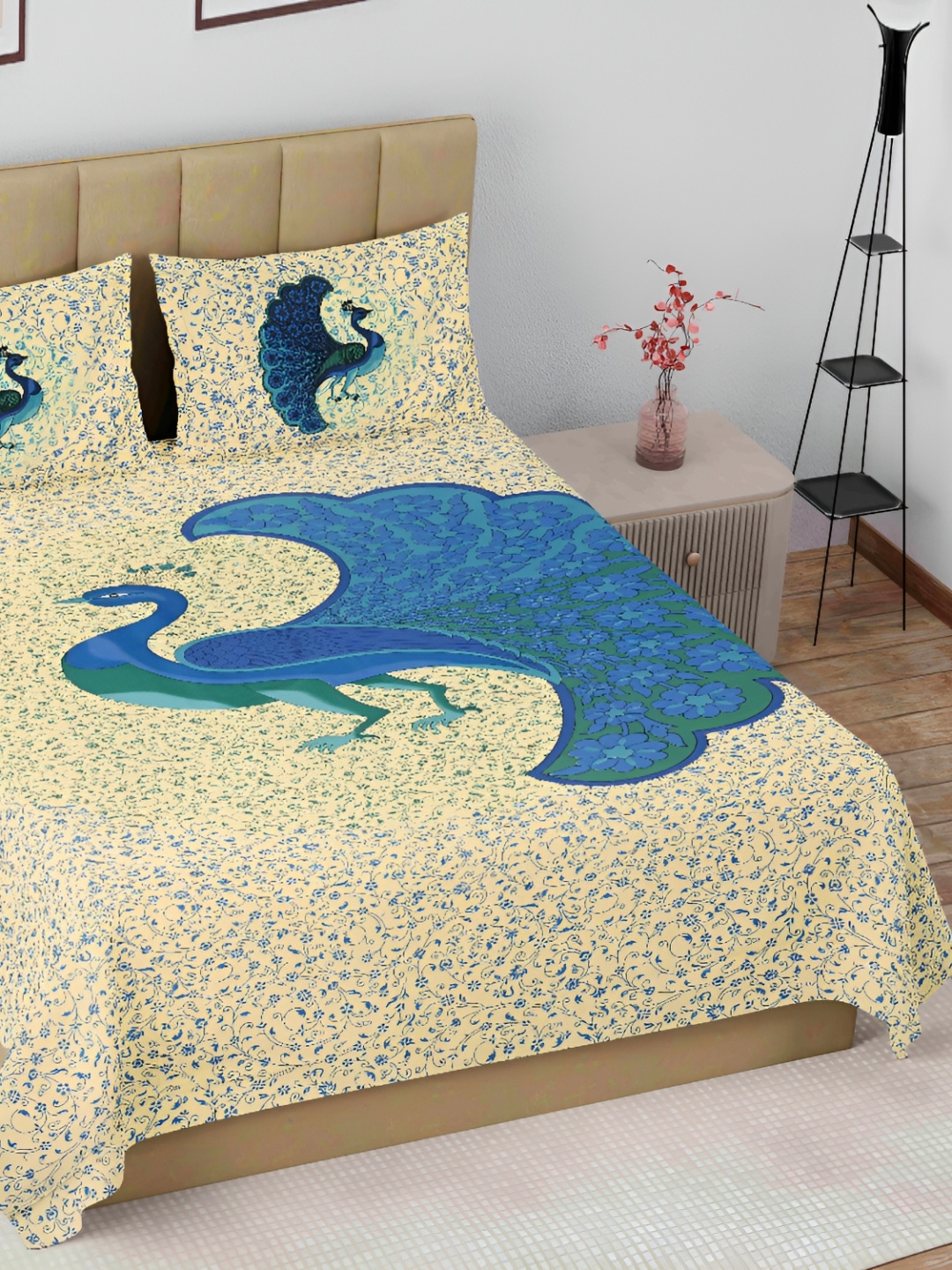 

The Craft Monk Beige & Blue Cotton 144 TC King Bedsheet with 2 Pillow Covers