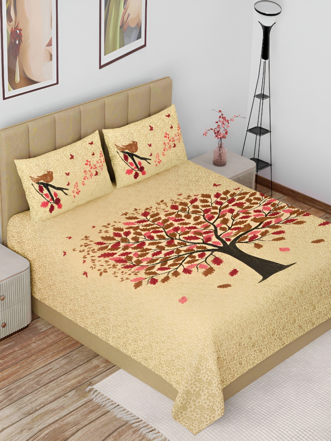 

The Craft Monk Beige & Red Floral Cotton 144 TC King Bedsheet with 2 Pillow Covers