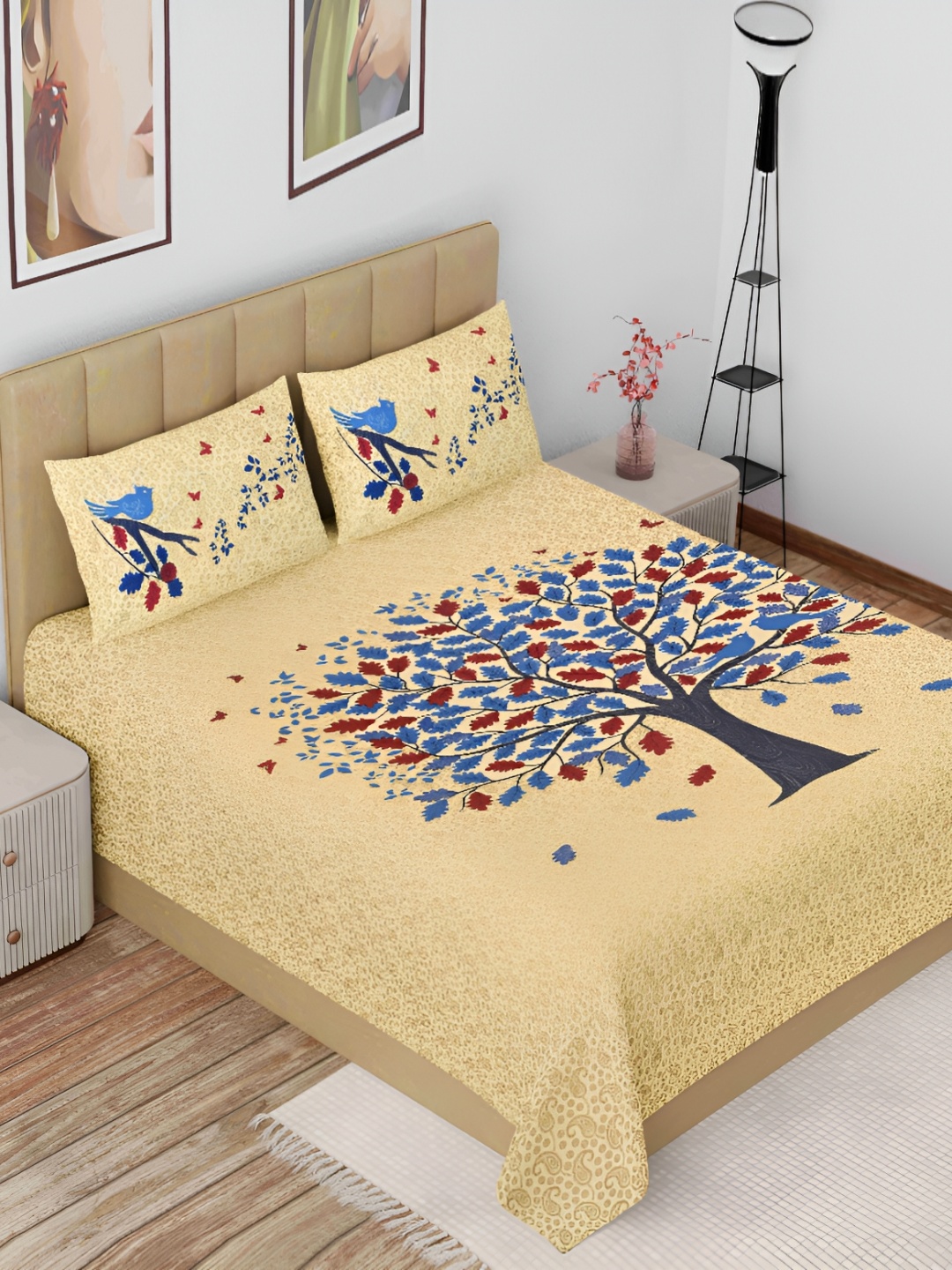 

The Craft Monk Beige & Blue Floral Cotton 144 TC King Bedsheet with 2 Pillow Covers