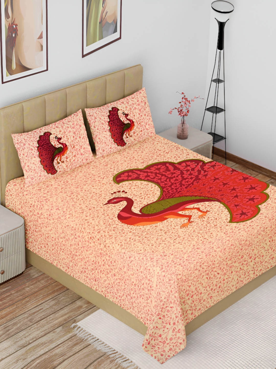 

The Craft Monk Pink & Red Cotton 144 TC King Bedsheet with 2 Pillow Covers
