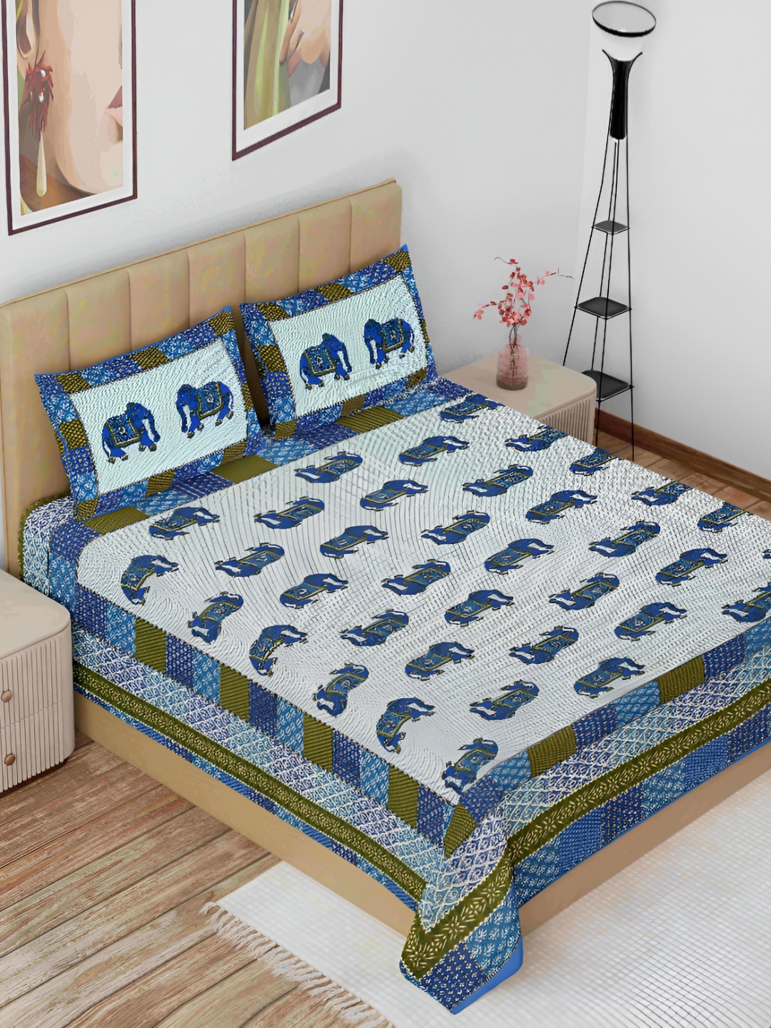 

The Craft Monk Blue & White Ethnic Motifs Cotton 144 TC King Bedsheet with 2 Pillow Covers